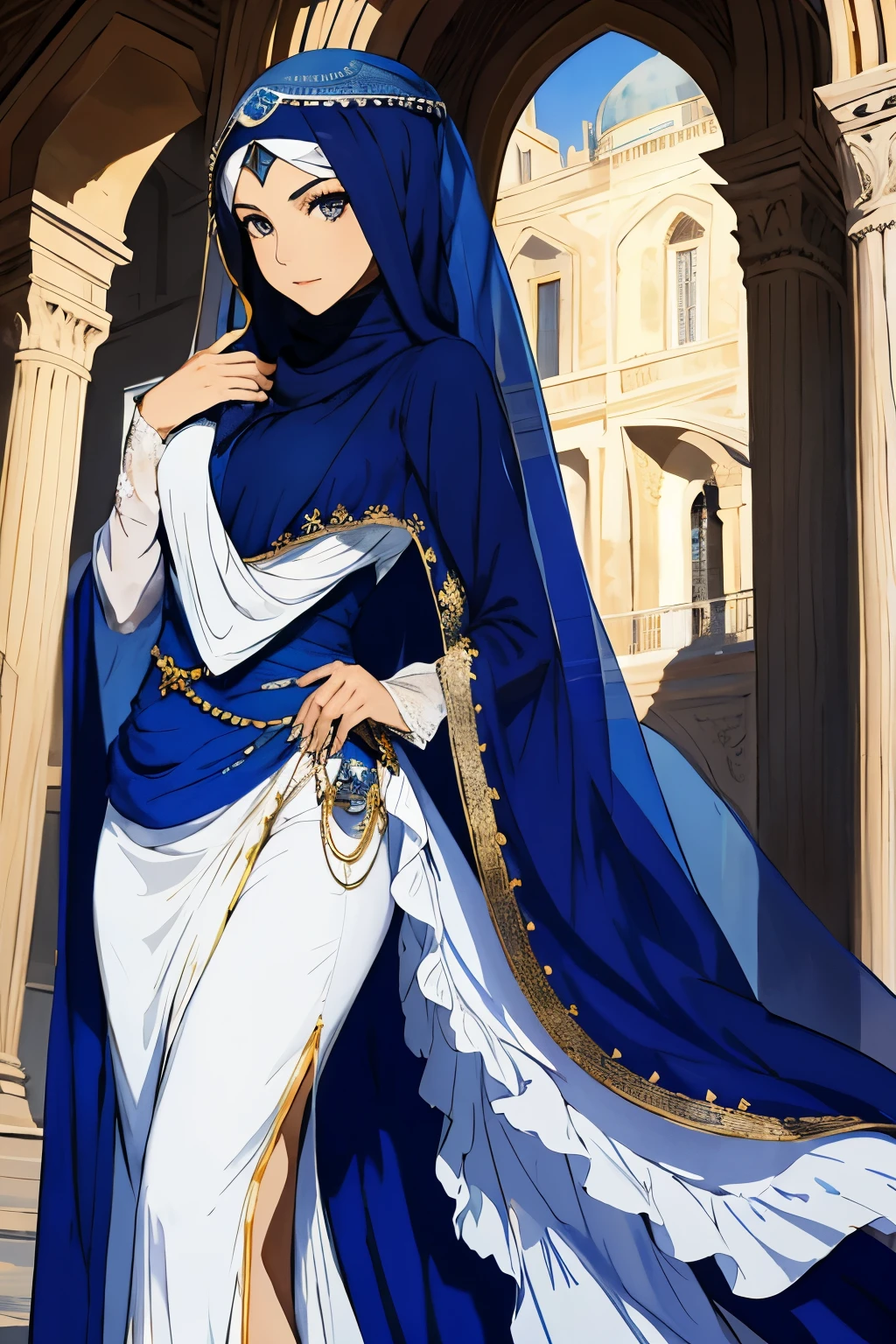 Arab woman with a veil on her head, femme avec yeux bleu, la femme est vêtu d’une longue robe bleue claire et la femme est dans un château de style orientale
