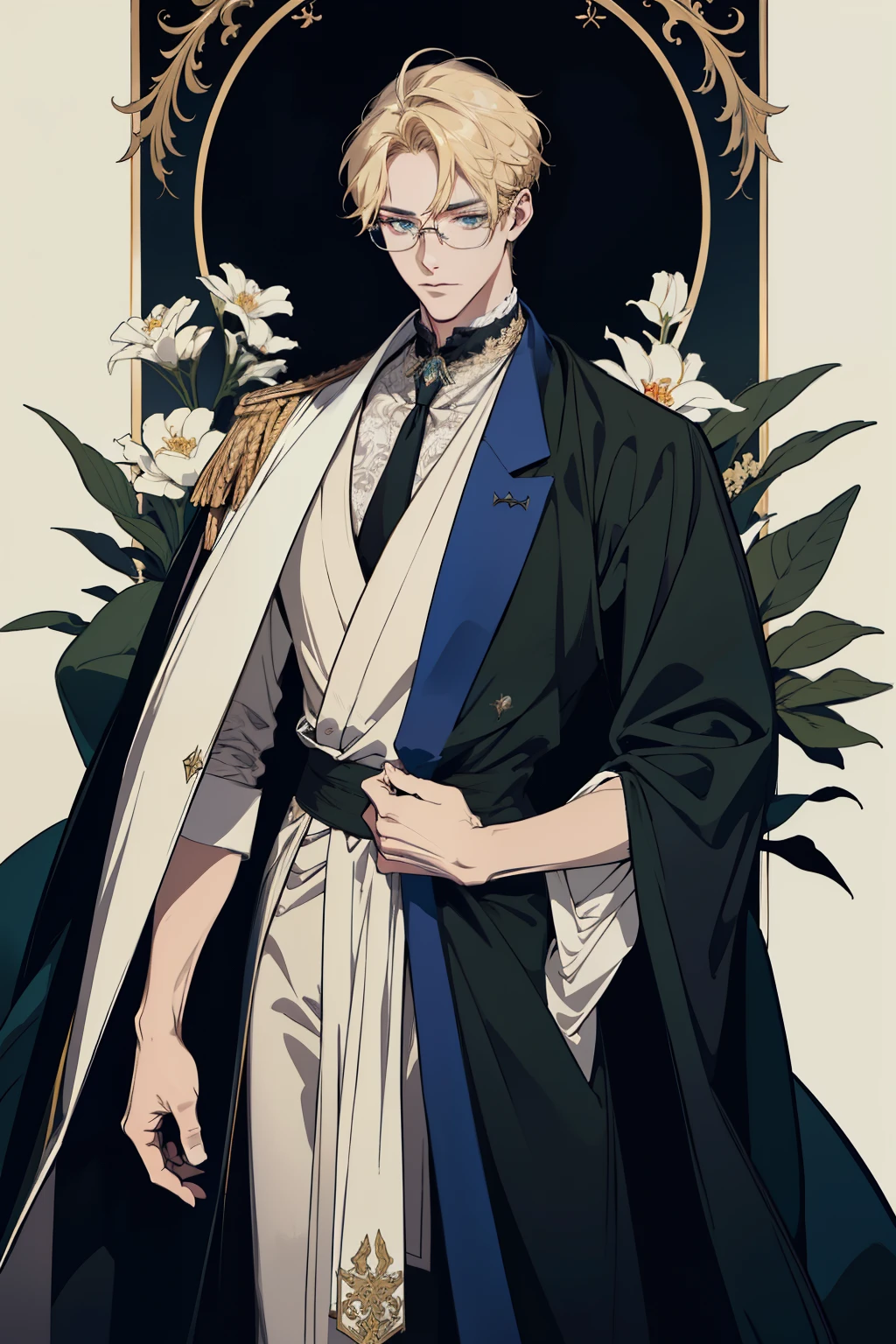 detailed 25 year old male face, handsome,tall and muscular boy, wearing fantasy formal clothing, beautiful androgynous prince, ((wearing aristocrat robe)), delicate androgynous prince, regal dark blue clothes, delicate androgynous prince, beautiful androgynous prince, handsome guy in demon slayer art, professional character design, high quality character, male character design, wearing a black noble suit, anime character design, blonde hair, short hair, green eyes, glasses