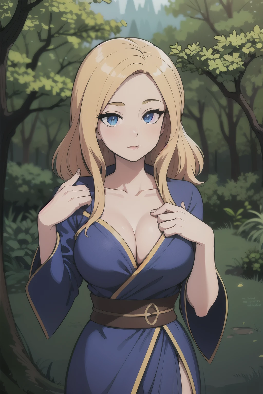 ((Best quality)), ((Masterpiece)), (detailed), perfect face perfect figure, Middle Ages, forest background, Sorceress Woman, woman in a robe, Golden hair, Blue eyes, tight blue robe