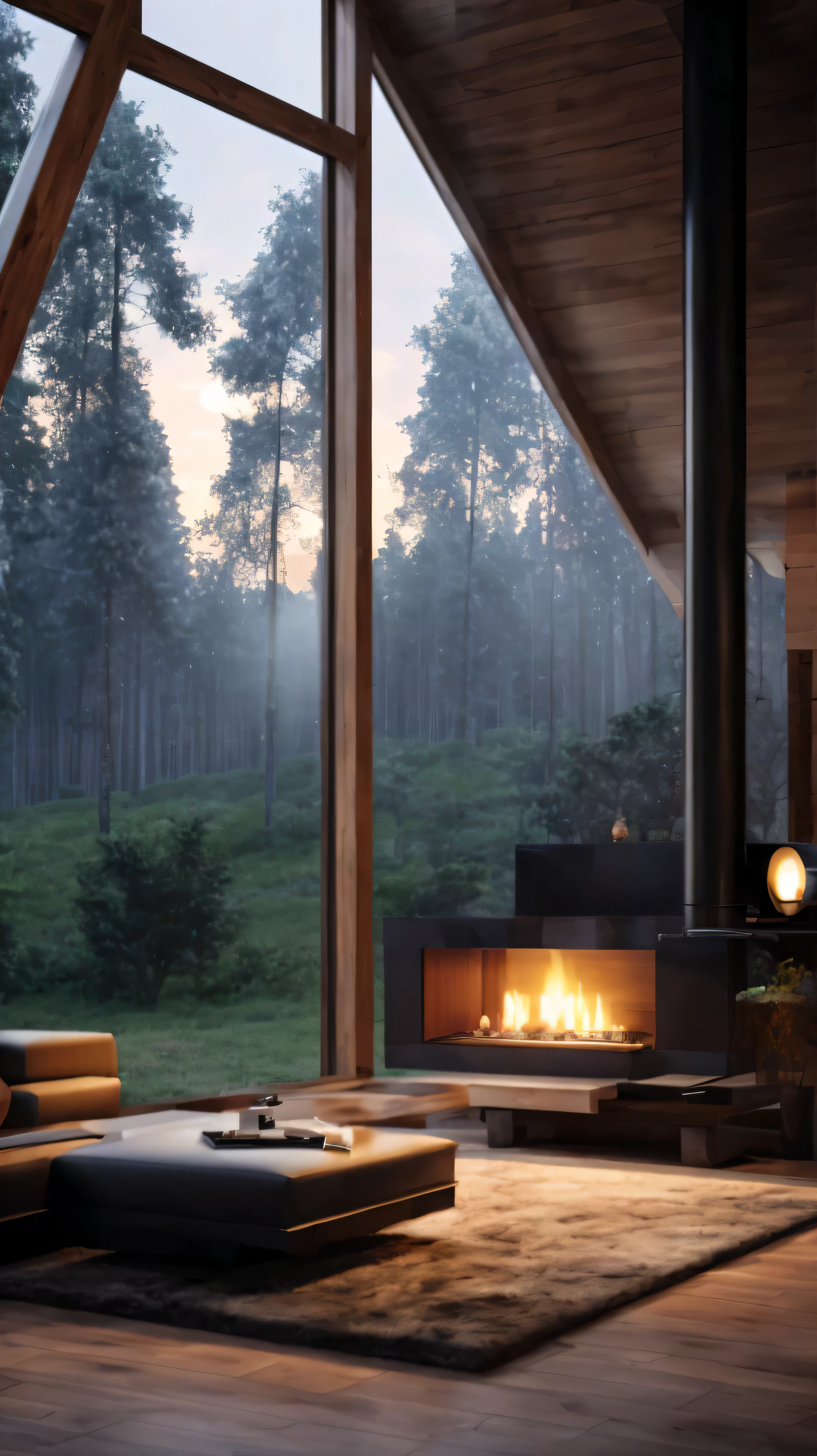  interior of a house located in the forest, with a tv where the night and the sky are visible through a window and there is a fireplace inside the house but at a distance.