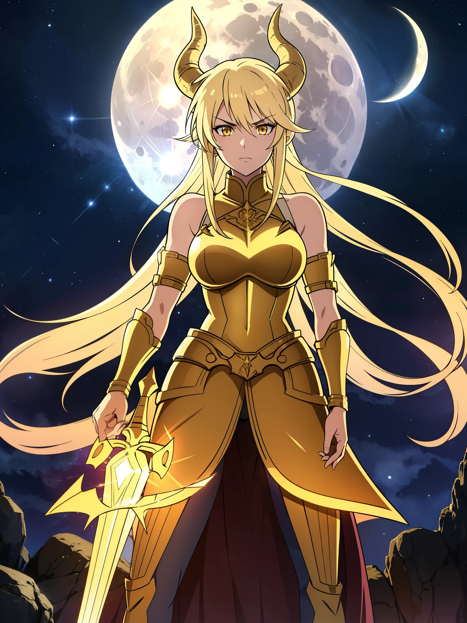 1girl,20s,solo,beautiful girl,horns,long hair,cathyl hair,light blonde hair,gold armor,holding a golden sword,yellow eyes,,Ray Light Glow Lens Flare,((night,night sky,full moon)),serious,battle pose