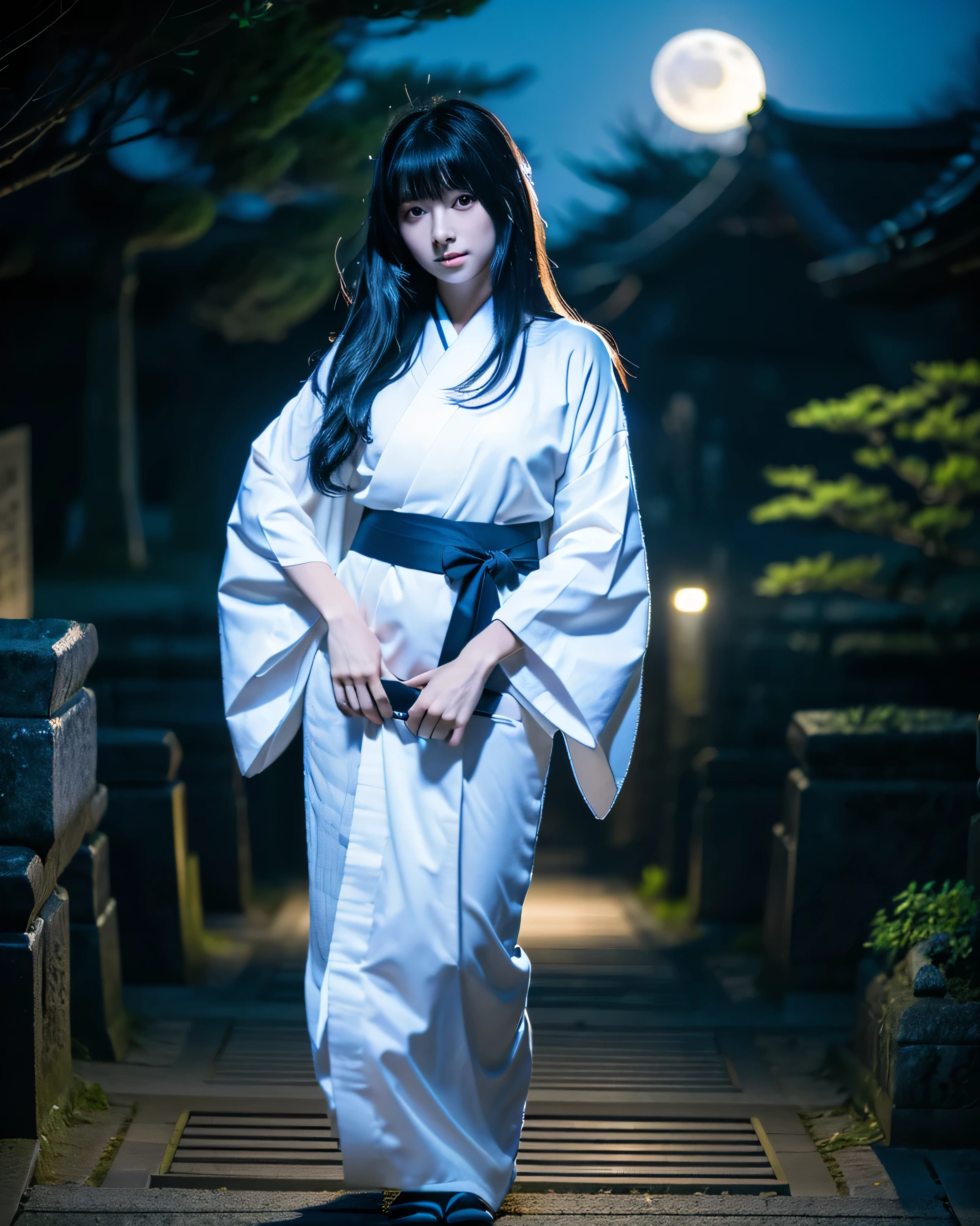highest quality, 8k, High resolution, masterpiece:1.2), (full moon night:1.2), beautiful japanese girl, (whole body:1.3), (Black hair illuminated by the moonlight:1.3, beautiful straight long hair, asymmetrical bangs:1.3), magic big eyes, High resolutionの黒い瞳, white and smooth skin, (white simple kimono, kimono, dark cemetery in japan, moonlight, professional lighting, professional photographer