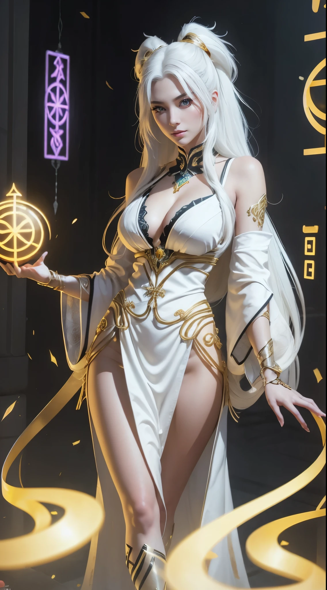 A beautiful and sexy megatrix woman with long white hair and yellow eyes who has a very sexy body wearing a white kimono with gold details and having several runes running across her body