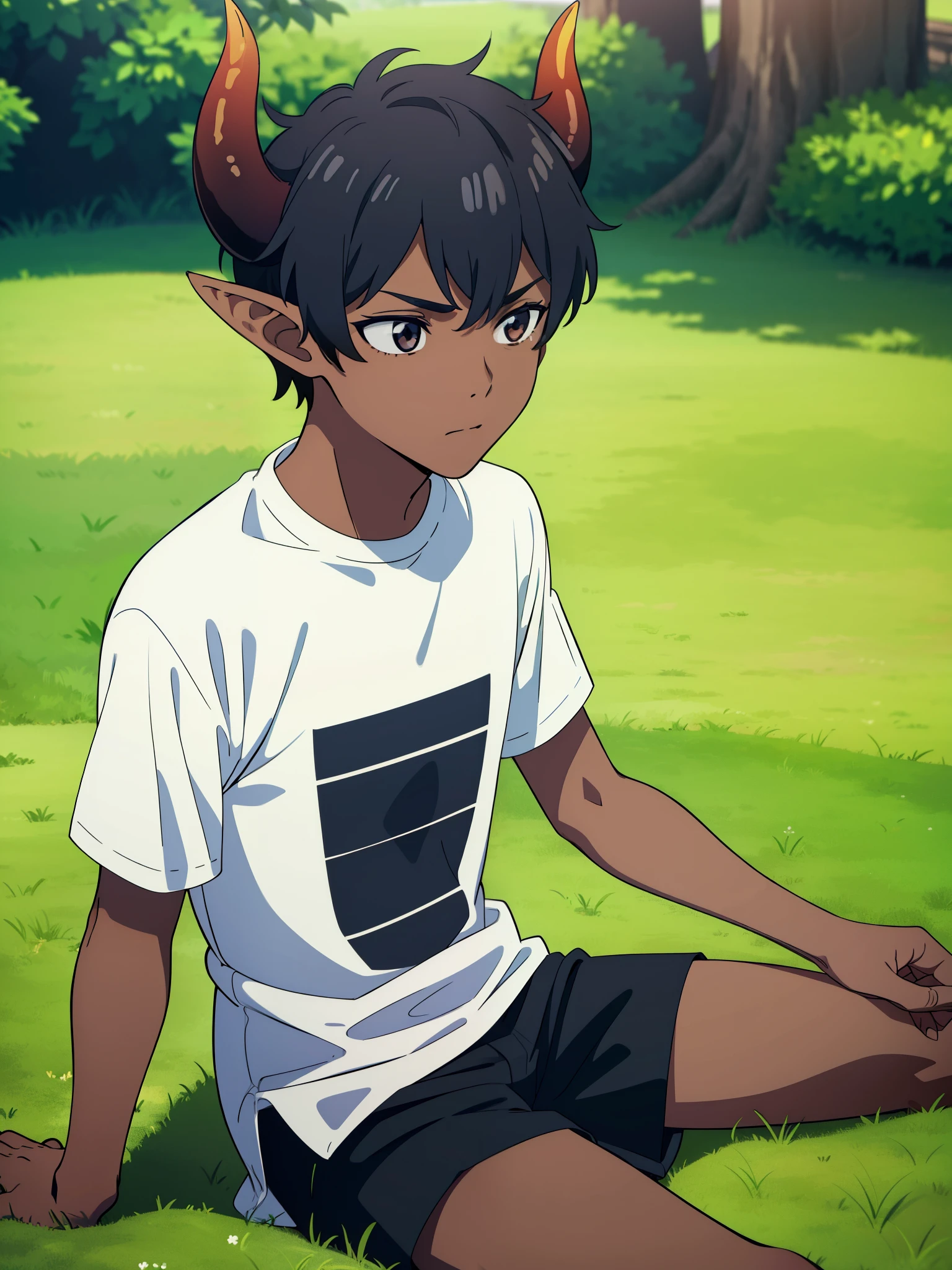 1boy,10 years,solo,sad,((dark skin)),((white shirt,short sleeves,black shorts,black hair,elf ears,(horns),sitting on the grass