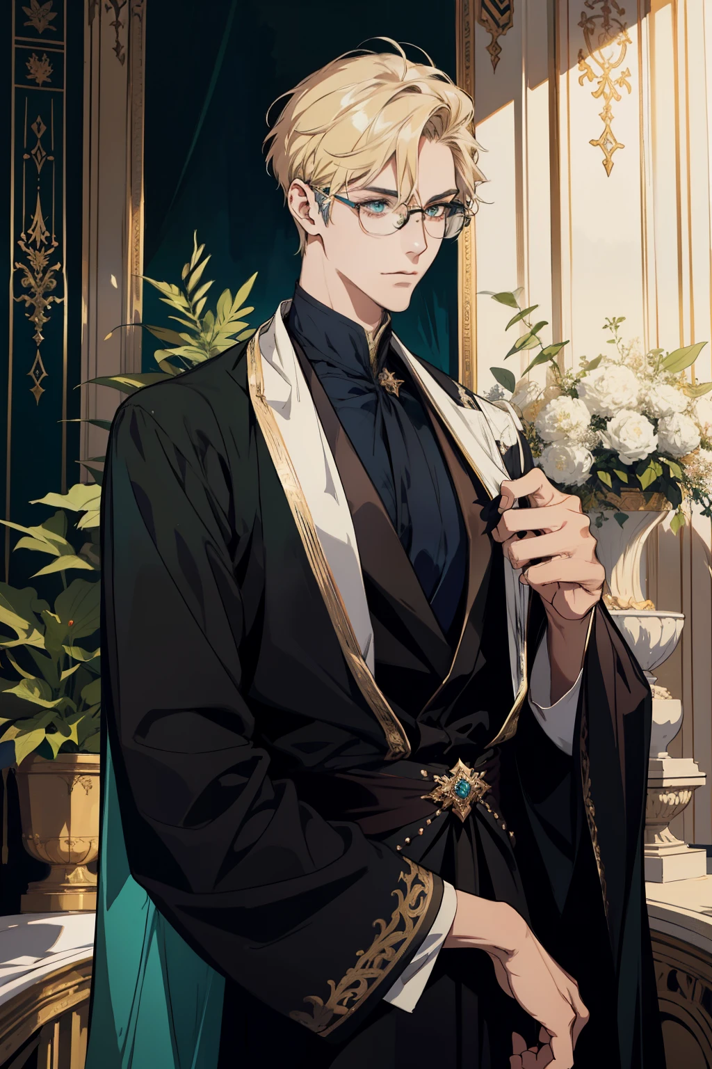 detailed 25 year old male face, 1 handsome man，tall and muscular boy, wearing fantasy formal clothing, beautiful androgynous prince, ((wearing aristocrat robe)), delicate androgynous prince, regal dark blue clothes, delicate androgynous prince, beautiful androgynous prince, handsome guy in demon slayer art, professional character design, high quality character, male character design, wearing a black noble suit, anime character design, blonde hair, short hair, green eyes, glasses
