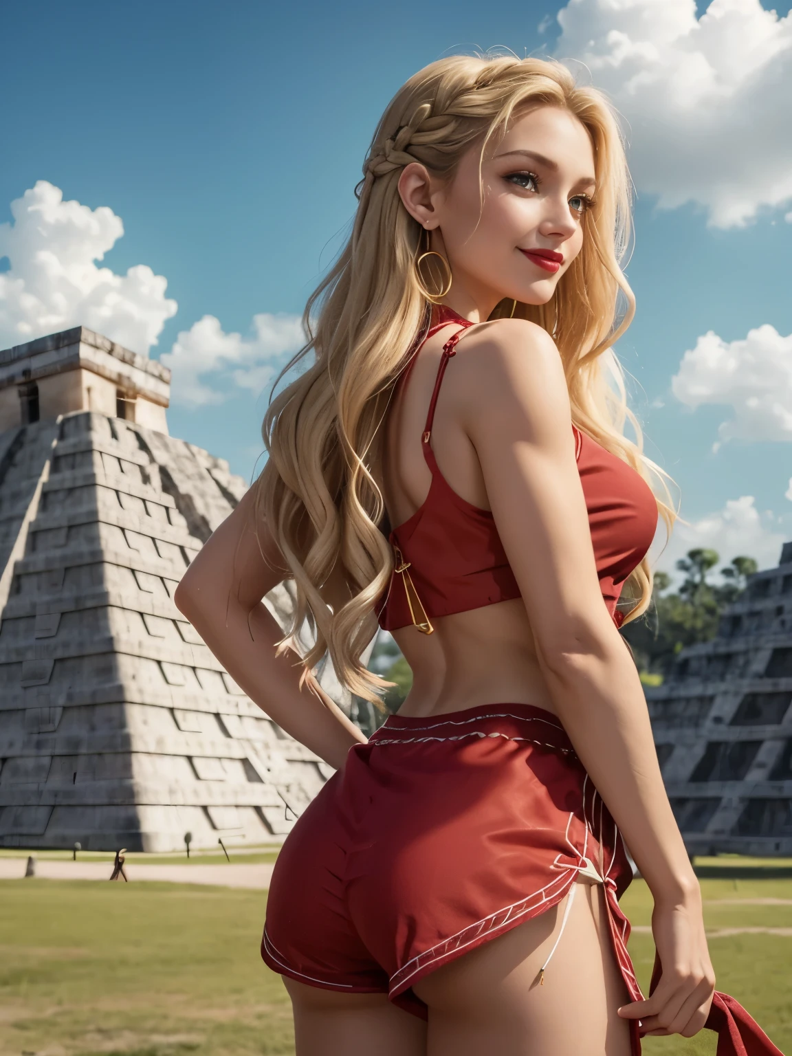 Caucasian woman, blonde hair, wavy hair, long hair, braided hair, green eyes, lined eyes, dark red lipstick, smile, athletic body, small breasts, blouse, cloth shorts, earrings, necklace, seen in the background the pyramid of Chichen Itzá, back, defined buttocks, taken from behind.