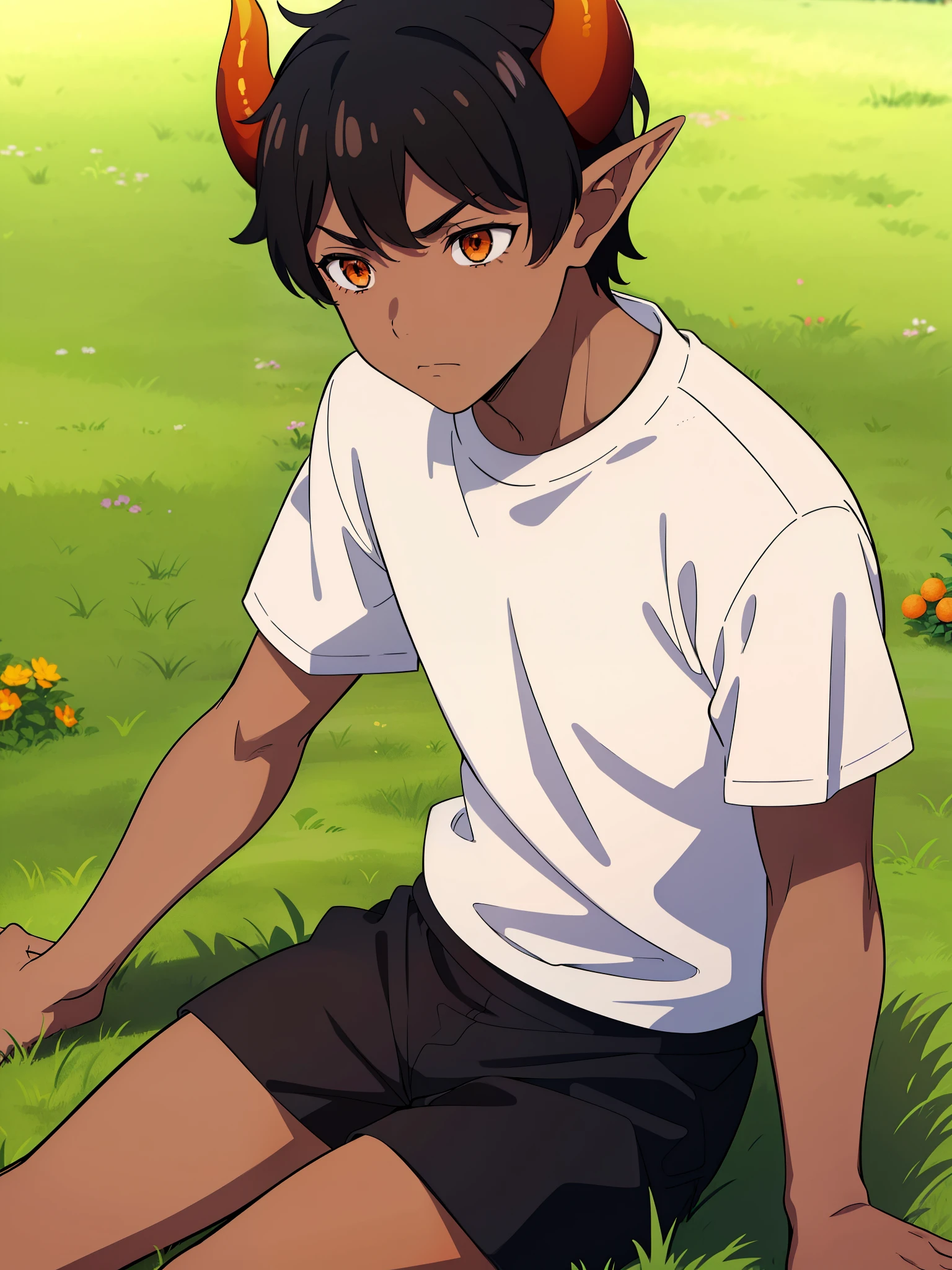 (1boy,10 years,solo),sad,((dark skin)),((white shirt,short sleeves,black shorts,black hair,elf ears,(horns),sitting on the grass,orange eyes