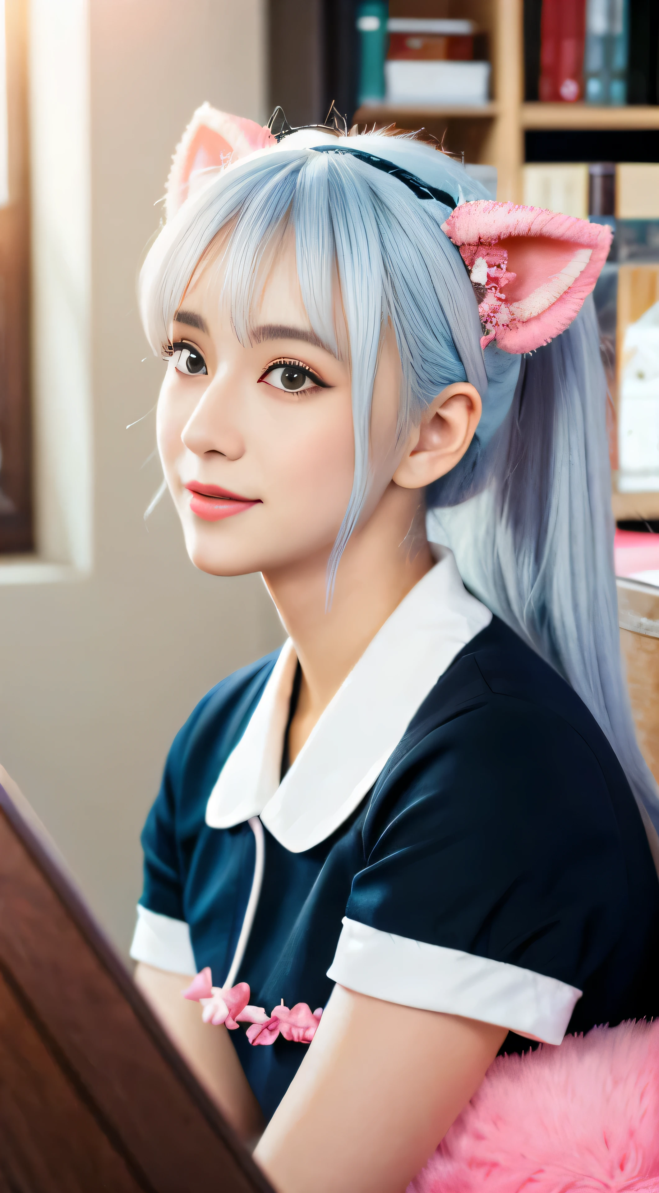 Colorful hair cascades in bright waves over the shoulders of a one-year-old cat-eared girl.、The bright colors complemented the pastel colored uniforms.。Anime-style digital art created by the expert brushes of Rossdraws、Captured the essence of her beauty in 4K resolution。This portrait is、Introducing the anime girl sitting in the office、Her whole body is drawn in intricate detail.、Bringing out the authenticity of the artwork。With white hair framing my face、She looked at me from the front and smiled mischievously.。Anime fans and art lovers、You will be enchanted by highly detailed and beautiful anime portraits featuring 1girl with cat ears。