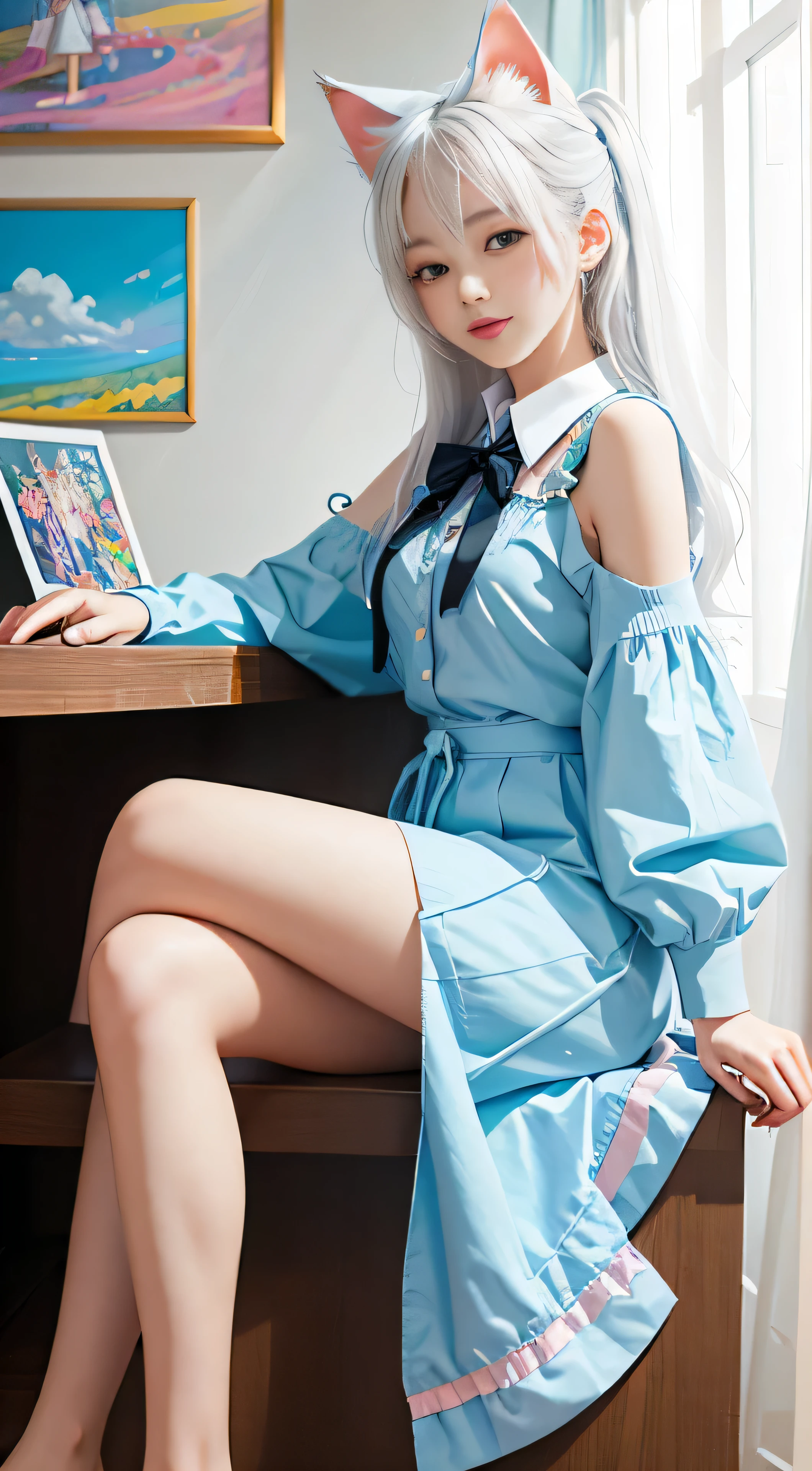 Colorful hair cascaded down in vibrant waves around the cat-eared 1girl's shoulders, complementing her pastel school uniform adorned with vivid colors. The anime style Digital art, created by the skilled brush of Rossdraws, captured the essence of her beauty in 4K resolution. The portrait showcased the anime girl sitting in her office, her full body depicted with intricate details that brought out the authenticity of the artwork. With her white hair framing her face, she smirked playfully in the front view. Anime fans and art enthusiasts alike would be mesmerized by the highly detailed and beautiful anime portrait featuring the cat-eared 1girl, with its