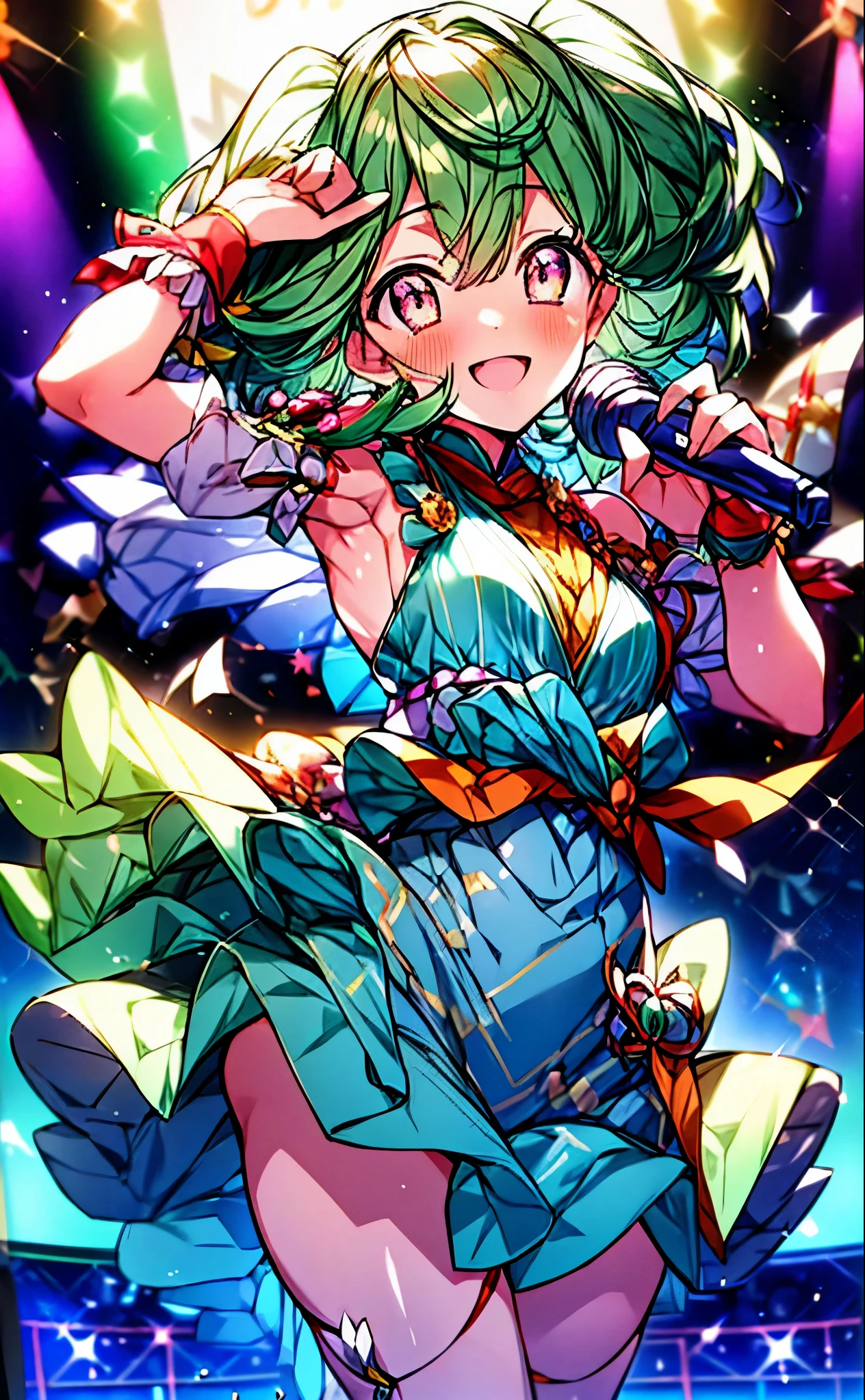 (anime:1.1), highest quality, table top,
1 girl, handley,Macross Frontier　handley, green hair, short hair、bob hair,small breasts, red eyes, mature woman,  looking at the viewer, smile，stage performance, hot air，Idol style green kimono,white knee high socks，jumping,，アイドルsinger standing in the center of the stage，アイドルsinger holding a microphone and singing， アイドルsinger&#39;serious and powerful expression. singer&#39;&#39;&#39;voice is powerful and beautiful，fans gather around the stage， ファンはアイドルsingerと一緒に歌ったり踊ったりしています,(masterpiece:1.2), highest quality, High resolution, unity 8k wallpaper, (shape:0.8), (beautiful and detailed eyes:1.6), highly detailed face, perfect lighting, Very detailed CG, (perfect hands, perfect anatomy),