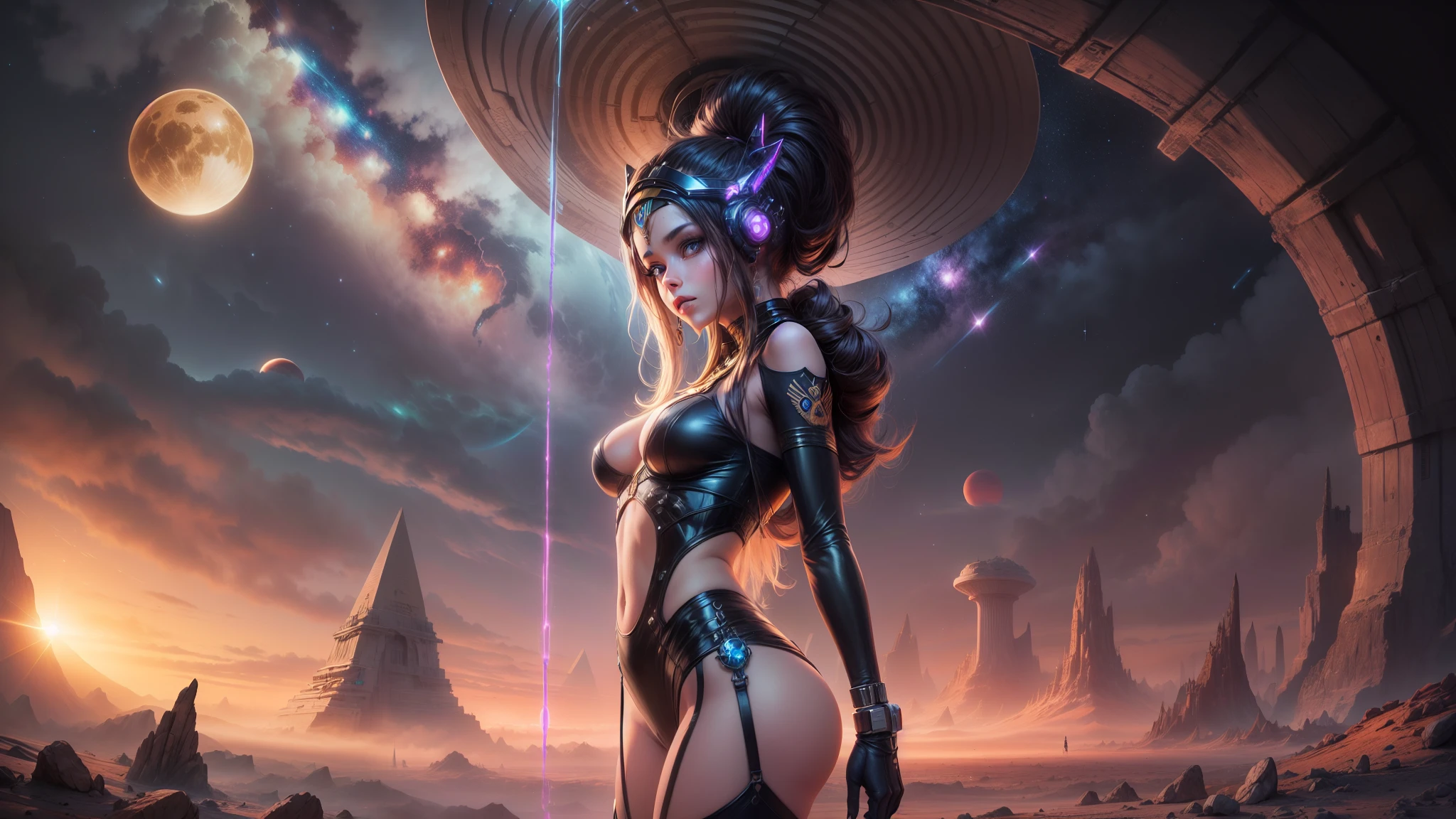 "((Cyberstyle girl)) with an Egyptian twist, standing amidst a mesmerizing space landscape with fantastic planets, the golden hour enhancing the ((science fiction ambiance)), ((futuristic masterpiece)), detailed composition, (best quality)