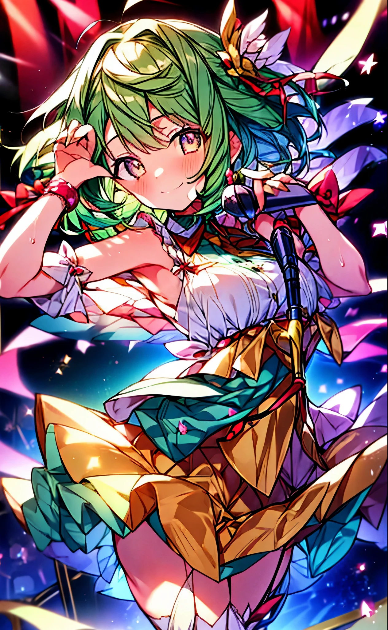 (anime:1.1), highest quality, table top,
1 girl, handley,Macross Frontier　handley, green hair, short hair、bob hair,small breasts, red eyes, mature woman,  looking at the viewer, smile，stage performance, hot air，Idol style green kimono,white knee high socks，jumping,，アイドルsinger standing in the center of the stage，アイドルsinger holding a microphone and singing， アイドルsinger&#39;serious and powerful expression. singer&#39;&#39;&#39;voice is powerful and beautiful，fans gather around the stage， ファンはアイドルsingerと一緒に歌ったり踊ったりしています,(masterpiece:1.2), highest quality, High resolution, unity 8k wallpaper, (shape:0.8), (beautiful and detailed eyes:1.6), highly detailed face, perfect lighting, Very detailed CG, (perfect hands, perfect anatomy),