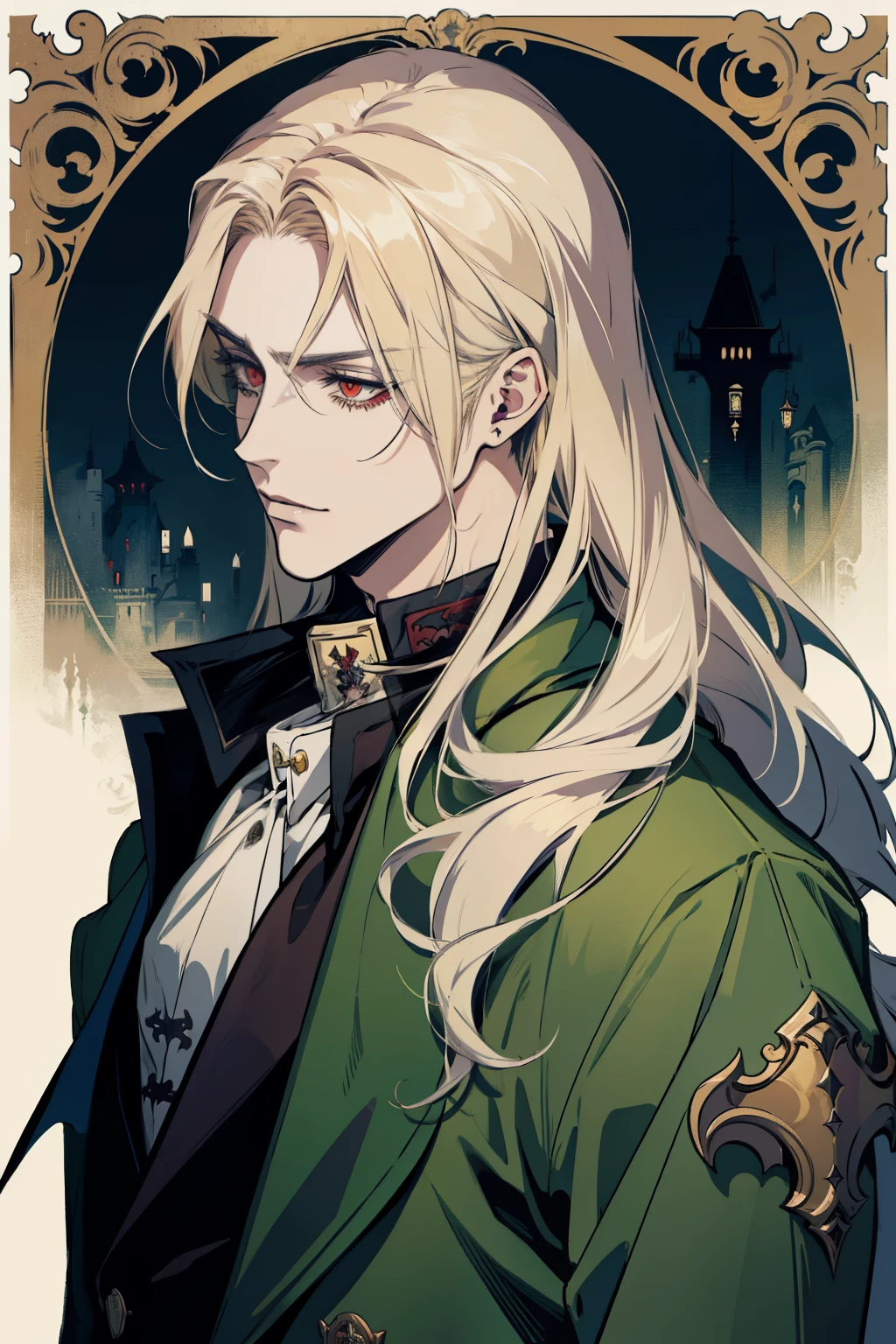 anime, a man with long blonde hair and a green coat, alucard, castelvania, beautiful androgynous prince, portrait of magical blond prince, delicate androgynous prince, handsome male vampire, casimir art, anime handsome man, key anime art, l vampire, portrait of fin wildcloak, castlevania, johan liebert mixed with alucard, male vampire, red eyes