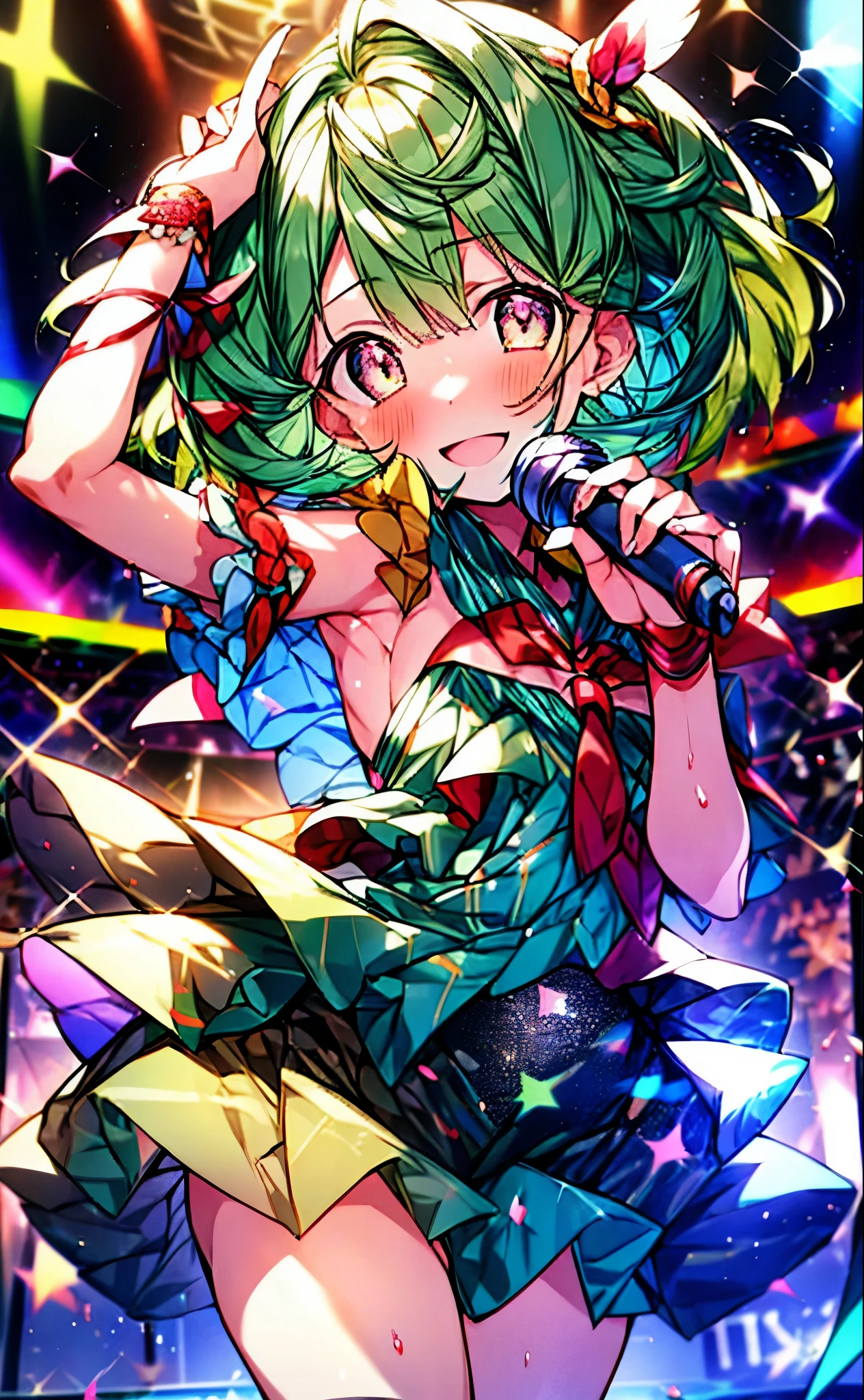 (anime:1.1), highest quality, table top,
1 girl, handley,Macross Frontier　handley, green hair, short hair、bob hair,small breasts, red eyes, mature woman,  looking at the viewer, smile，stage performance, hot air，Idol style green kimono,white knee high socks，jumping,，アイドルsinger standing in the center of the stage，アイドルsinger holding a microphone and singing， アイドルsinger&#39;serious and powerful expression. singer&#39;&#39;&#39;voice is powerful and beautiful，fans gather around the stage， ファンはアイドルsingerと一緒に歌ったり踊ったりしています,(masterpiece:1.2), highest quality, High resolution, unity 8k wallpaper, (shape:0.8), (beautiful and detailed eyes:1.6), highly detailed face, perfect lighting, Very detailed CG, (perfect hands, perfect anatomy),