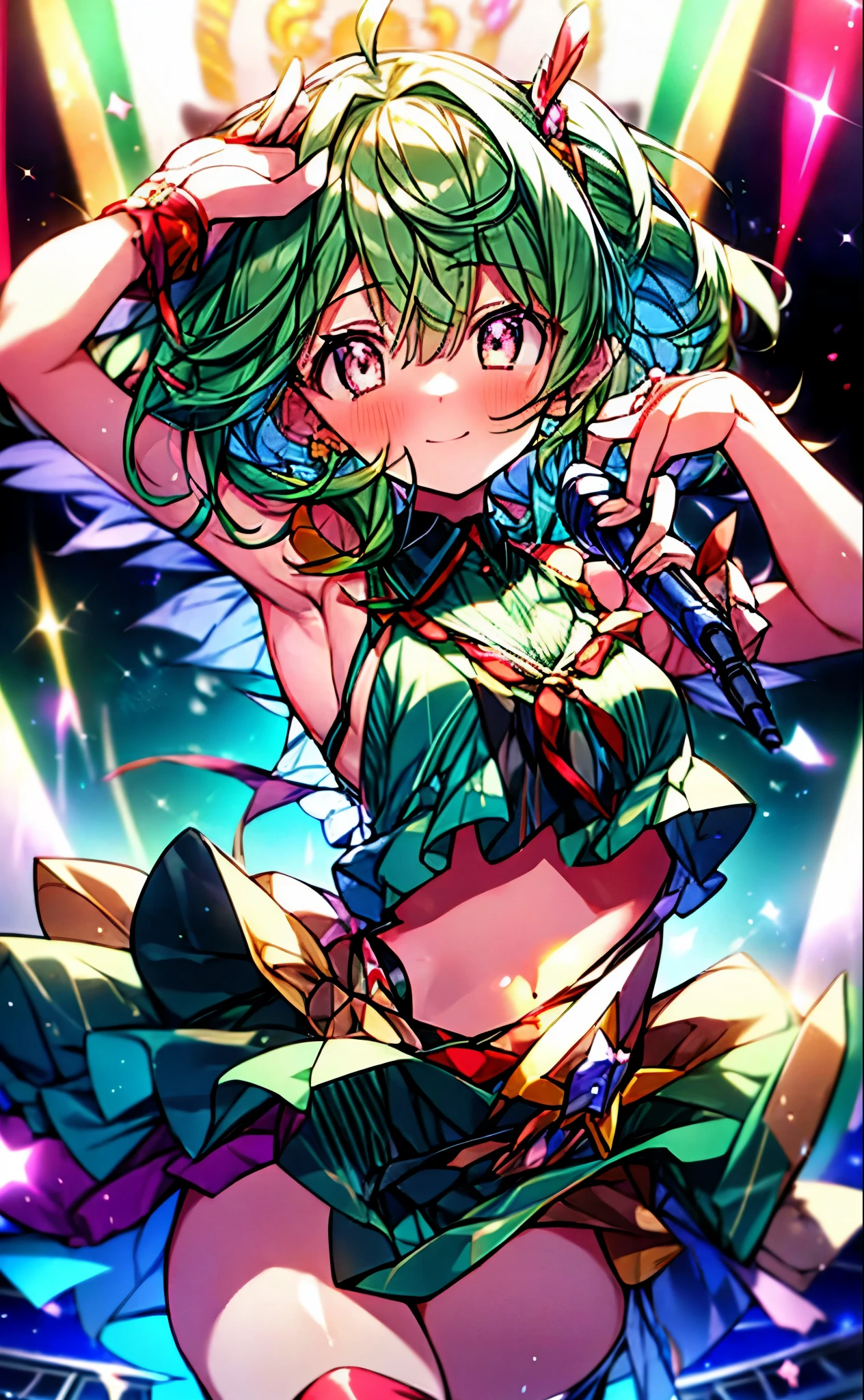 (anime:1.1), highest quality, table top,
1 girl, handley,Macross Frontier　handley, green hair, short hair、bob hair,small breasts, red eyes, mature woman,  looking at the viewer, smile，stage performance, hot air，Idol style green kimono,white knee high socks，jumping,，アイドルsinger standing in the center of the stage，アイドルsinger holding a microphone and singing， アイドルsinger&#39;serious and powerful expression. singer&#39;&#39;&#39;voice is powerful and beautiful，fans gather around the stage， ファンはアイドルsingerと一緒に歌ったり踊ったりしています,(masterpiece:1.2), highest quality, High resolution, unity 8k wallpaper, (shape:0.8), (beautiful and detailed eyes:1.6), highly detailed face, perfect lighting, Very detailed CG, (perfect hands, perfect anatomy),