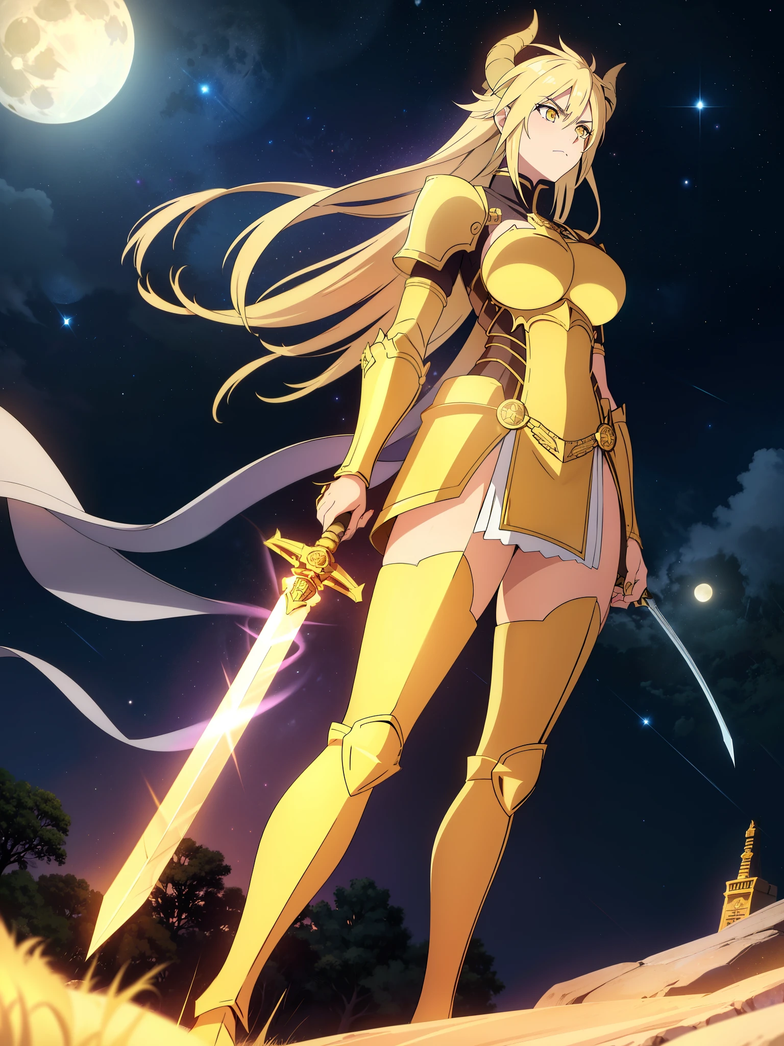 1girl,20s,solo,beautiful girl,horns,long hair,cathyl hair,light blonde hair,gold templar knight armor,((holding a golden sword)),yellow eyes,,Ray Light Glow Lens Flare,((night,night sky,full moon)),angry,dinamic pose