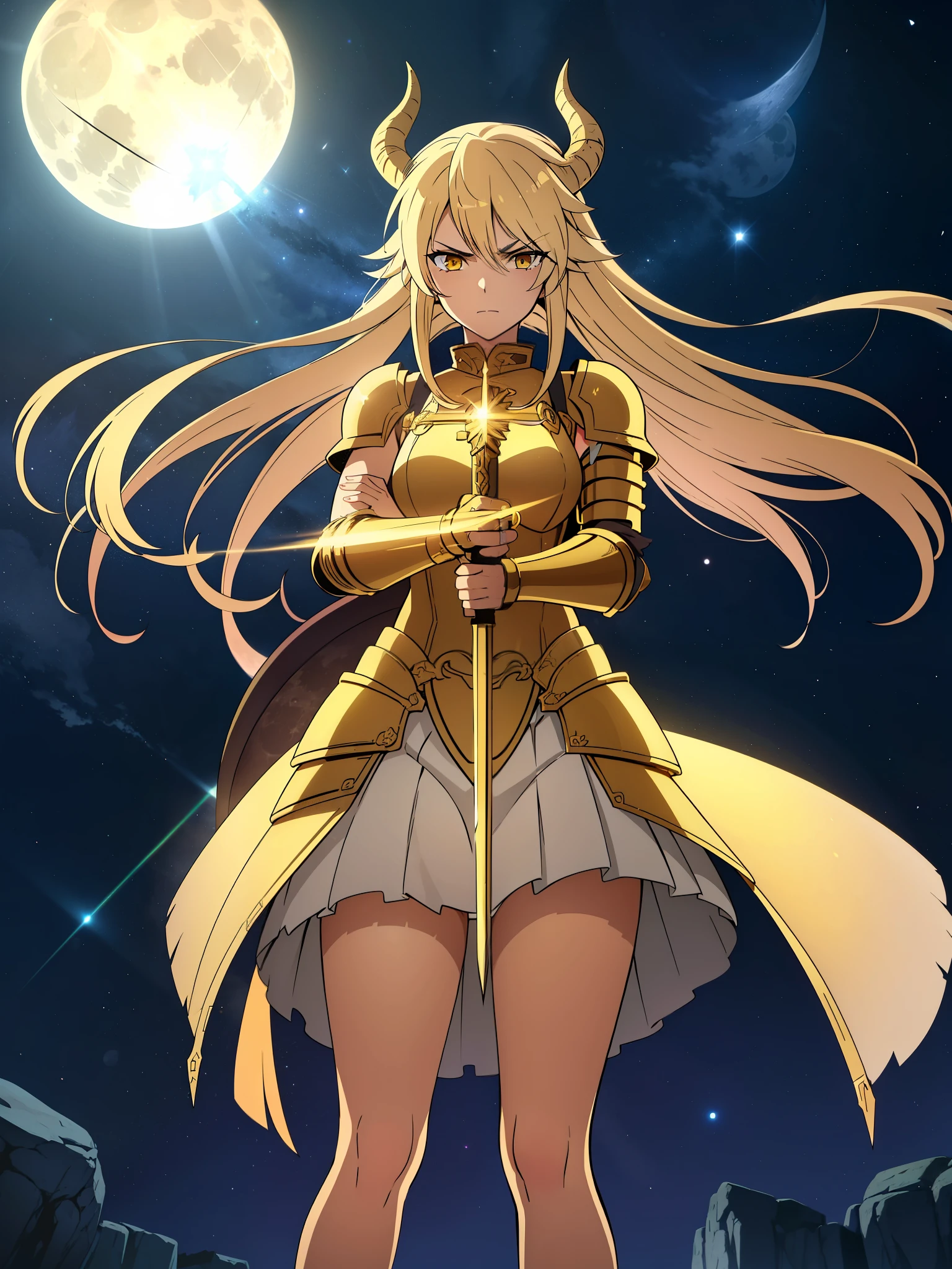 1girl,20s,solo,beautiful girl,horns,long hair,cathyl hair,light blonde hair,gold templar knight armor,((holding a golden sword)),yellow eyes,,Ray Light Glow Lens Flare,((night,night sky,full moon)),angry,dinamic pose