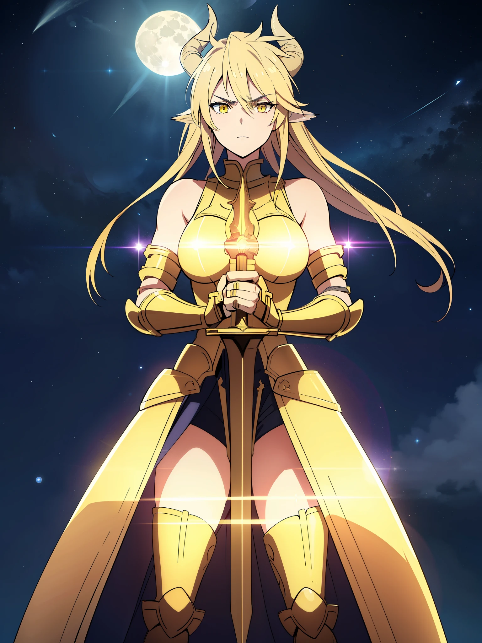 1girl,20s,solo,beautiful girl,horns,long hair,cathyl hair,light blonde hair,gold templar knight armor,((holding a golden great sword)),yellow eyes,,Ray Light Glow Lens Flare,((night,night sky,full moon)),angry,dinamic pose