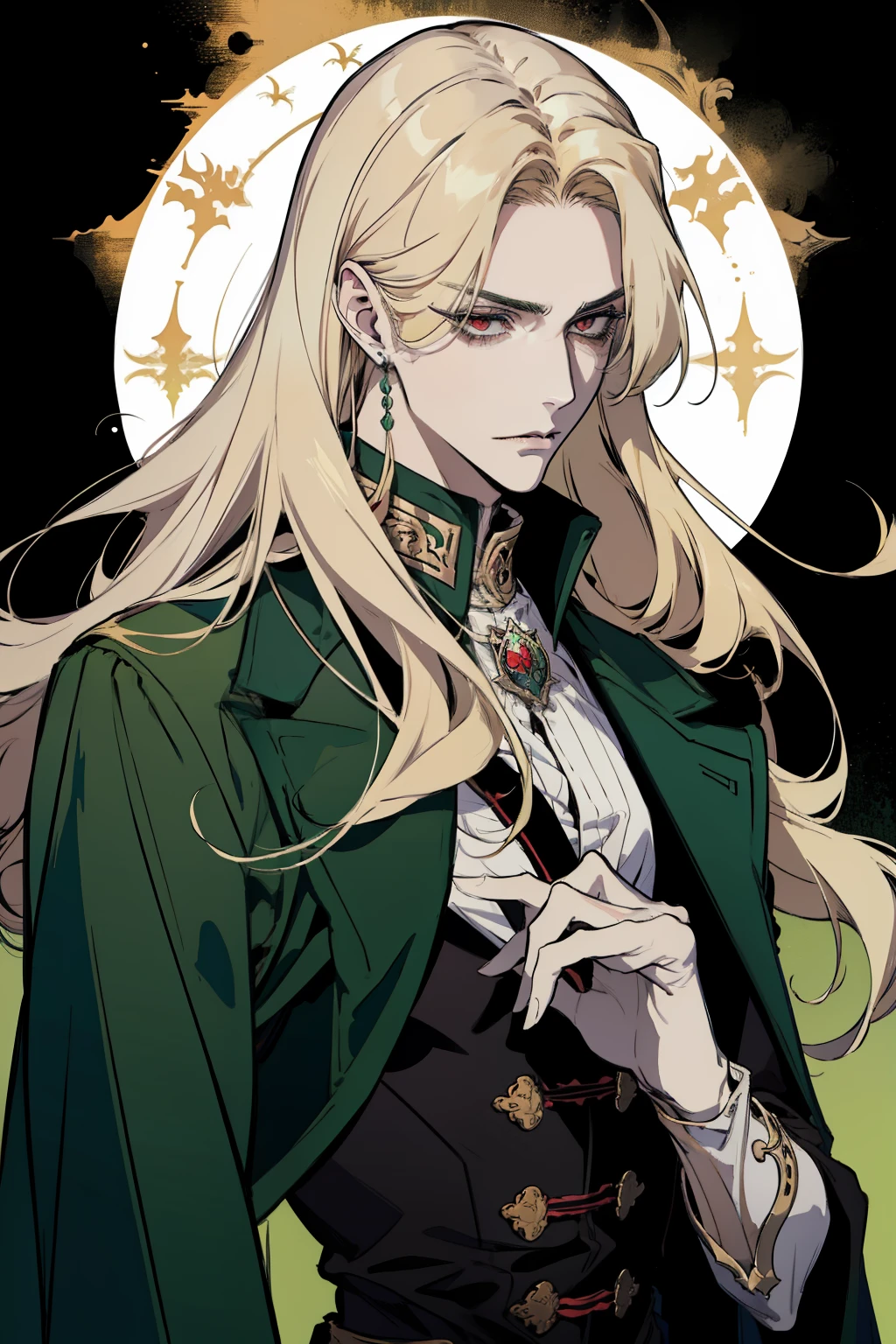 anime, a man with long blonde hair and a green coat, alucard, castelvania, beautiful androgynous prince, portrait of magical blond prince, delicate androgynous prince, handsome male vampire, casimir art, anime handsome man, key anime art, l vampire, fin wildcloak, castlevania, johan liebert mixed with alucard, male vampire, red eyes