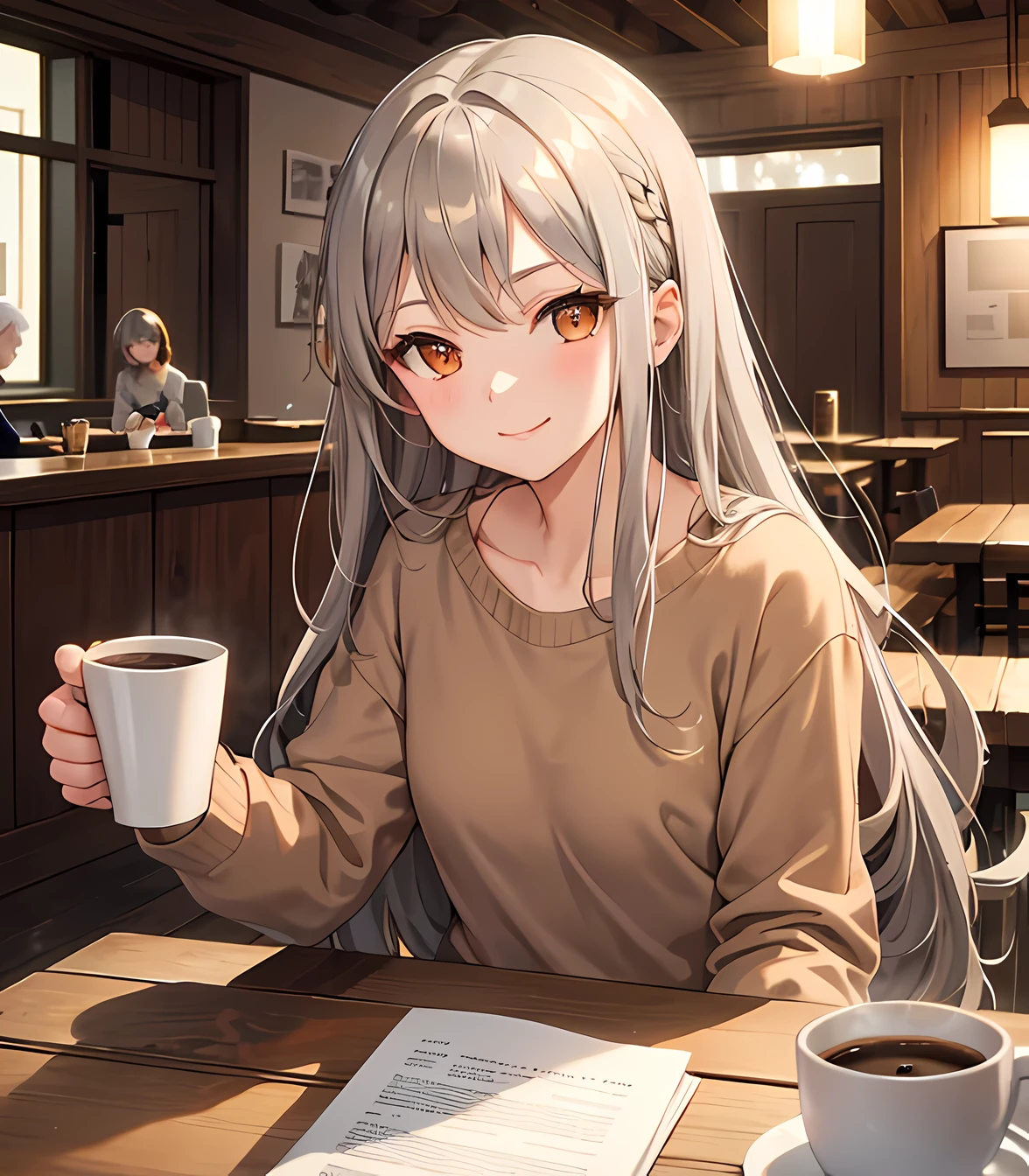 masterpiece, best quality, 1 girl, gray hair, orange eyes, brown casual clothing, coffee lounge, overhead lights, (wooden walls), sitting, coffee table, (cup of hot coffee), cute, little smile, (night:1.4)
