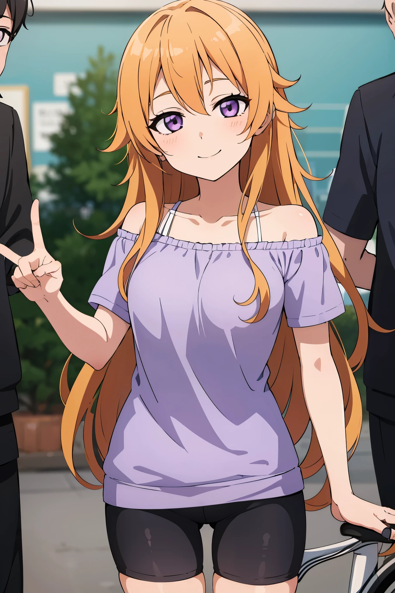 (best quality, masterpiece:1.2), (1girl, solo:1.2), smile, detailed background, (looking at viewer, solo focus:1.2), 
Konoe kanata, long hair, straight hair, purple eyes, blonde hair, off shoulder, light purple shirt, t-shirt short, short sleeves, standing, two peace sign, solo focus, bike shorts, black bike shorts, 