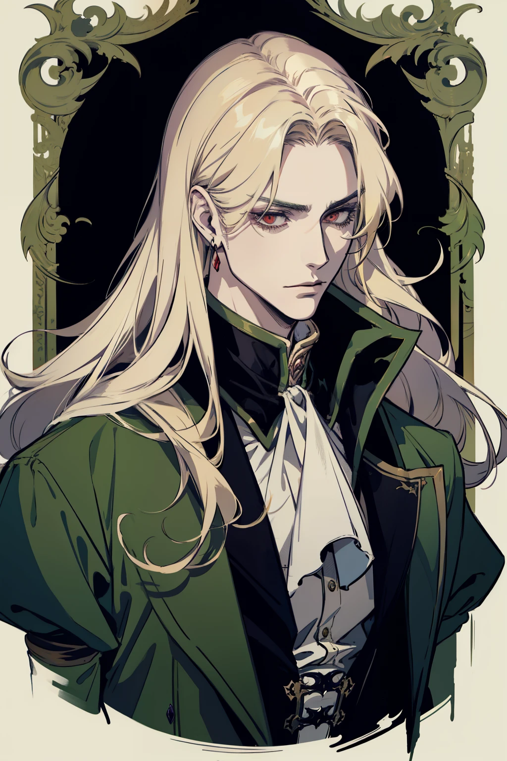 anime, a man with long blonde hair and a green coat, alucard, castelvania, beautiful androgynous prince, magical blond prince, delicate androgynous prince, handsome male vampire, casimir art, anime handsome man, key anime art, l vampire, portrait of fin wildcloak, castlevania, johan liebert mixed with alucard, male vampire, red eyes