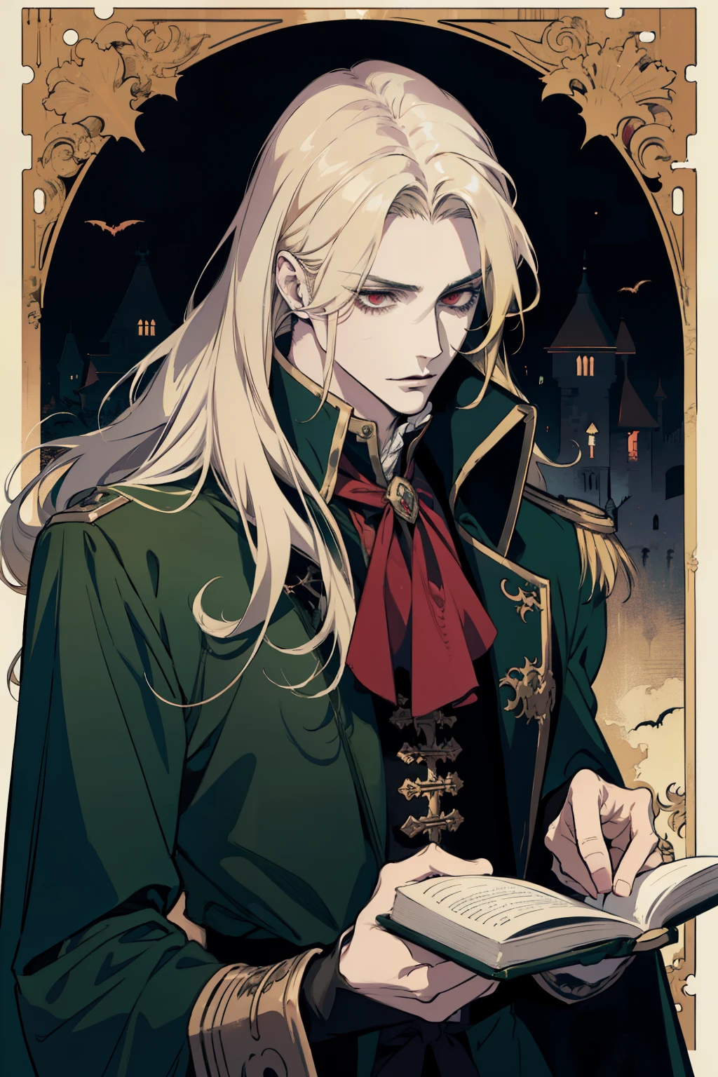 anime, a man with long blonde hair and a green coat, alucard, castelvania, beautiful androgynous prince, magical blond prince, delicate androgynous prince, handsome male vampire, casimir art, anime handsome man, key anime art, l vampire, portrait of fin wildcloak, castlevania, johan liebert mixed with alucard, male vampire, red eyes