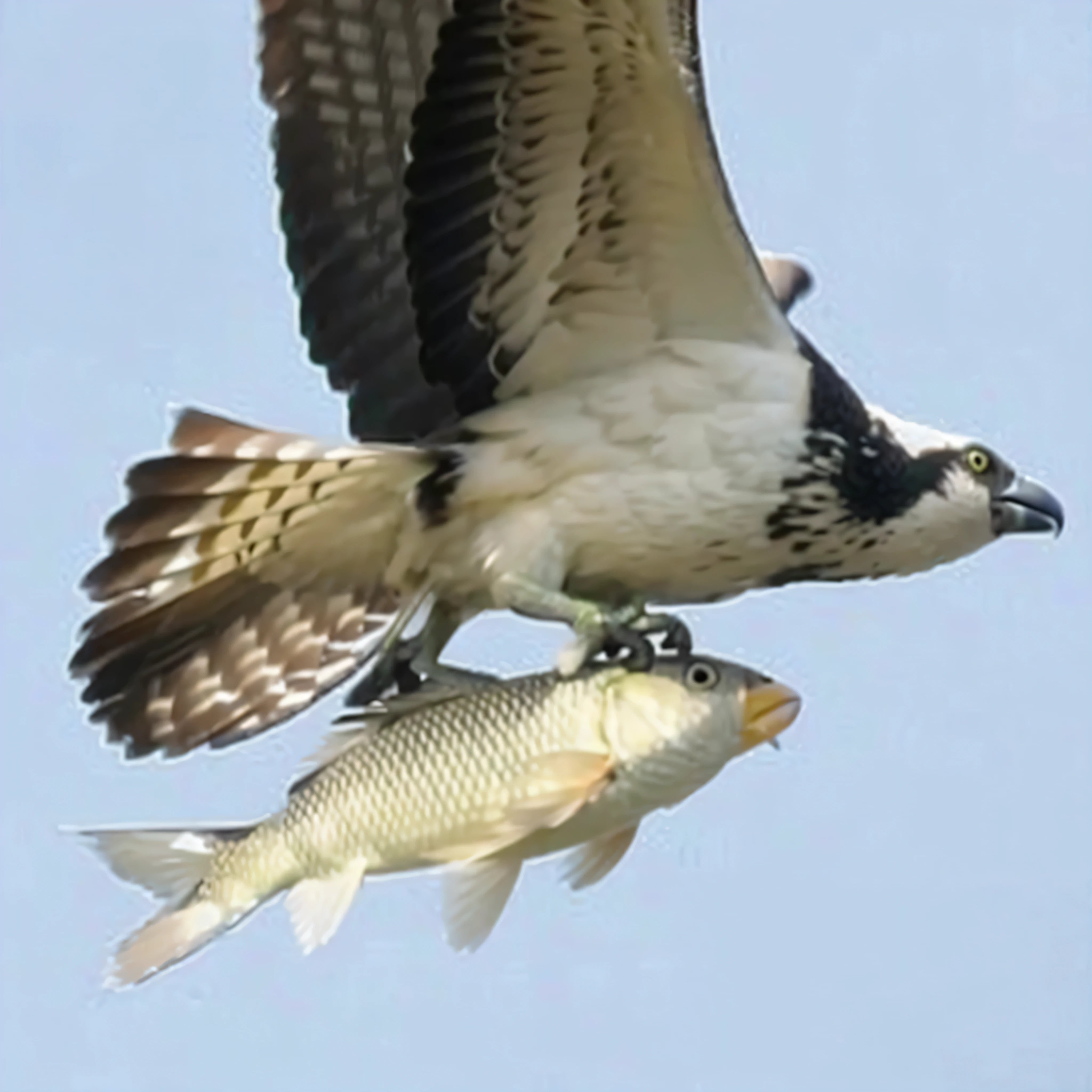 there is a bird that is flying with a fish in it's talon, fish flying over head, amazing shot, beautiful shot, hyperdetailed!!!, with real wings, ultra realistic!!!, horizontally leaping!!!, closeup!!!!!!, terrifying!!!, really close - up shot, by Richard Mortensen, by greg rutkowski, by Greg Rutkowski