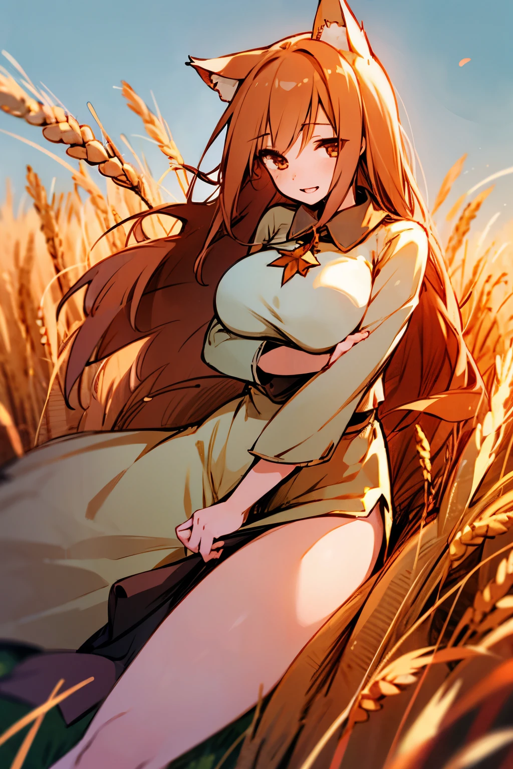 Woman, Wheat field, fluffy tail, big breasts, Thighs, Red Star