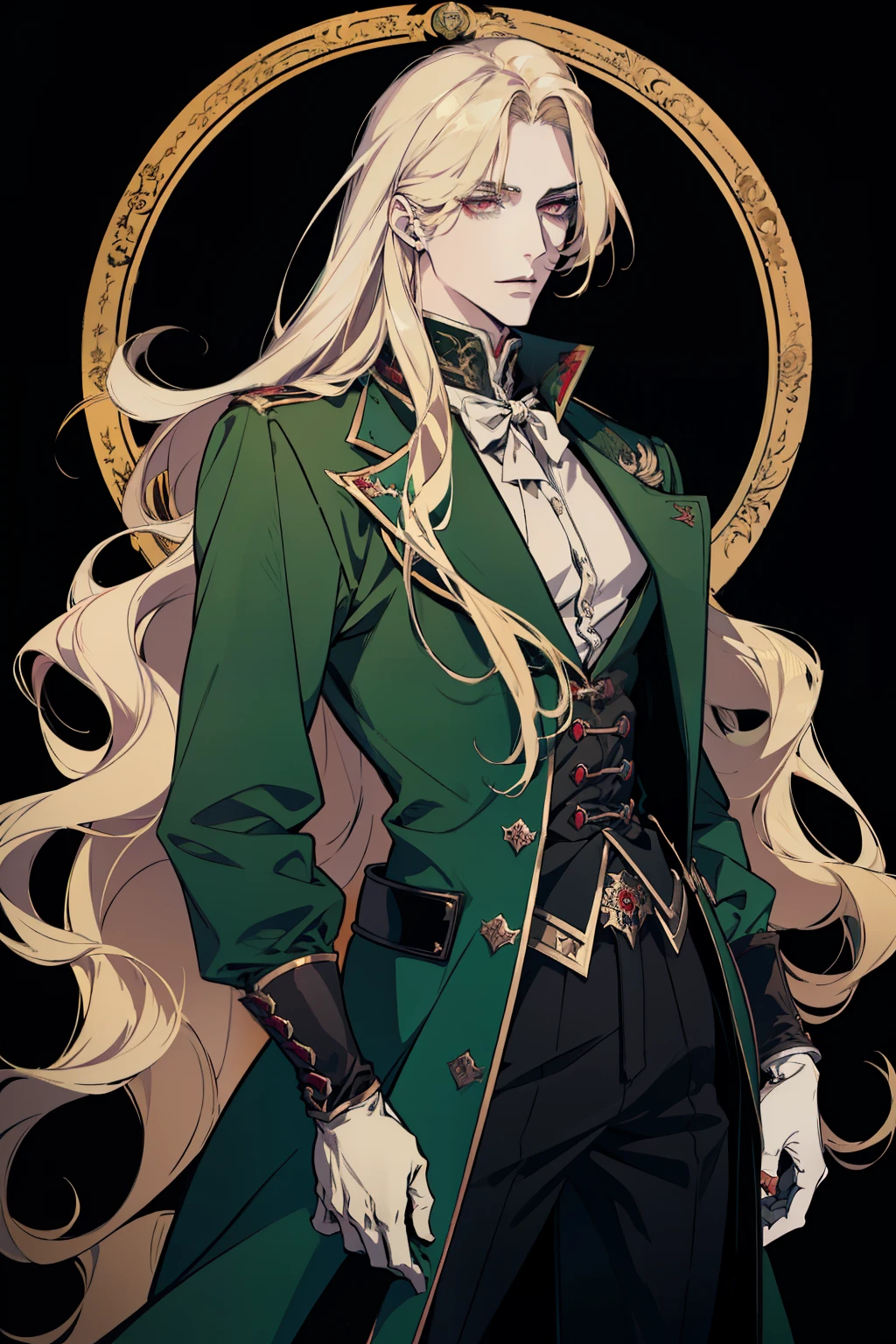 anime, a man with long blonde hair and a green coat, alucard, castelvania, beautiful androgynous prince, magical blond prince, delicate androgynous prince, handsome male vampire, casimir art, anime handsome man, key anime art, l vampire, fin wildcloak, johan liebert mixed with alucard, male vampire, red eyes