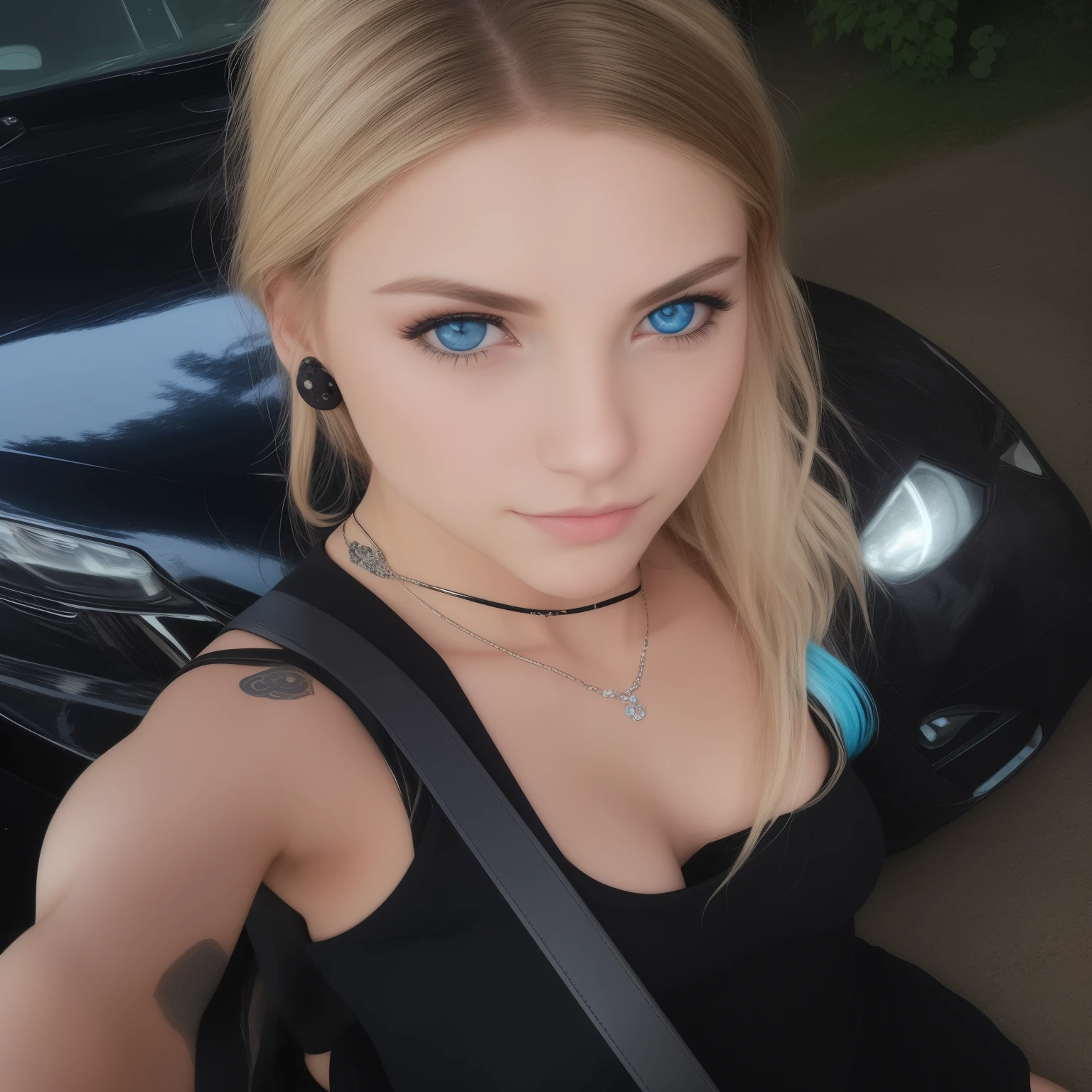Ultrarealistic skin, blonde girl with blue eyes and black top posing for a photo, piercing gaze, she's wearing a black T-shirt, Septal piercing, with long hair and piercing eyes, with anxious piercing eyes, 🤤 portrait of a girl, Sexy face, dark piercing eyes, Large piercing eyes, Piercing glowing eyes, perfect face ), In the parking lot, piercing blue eyes