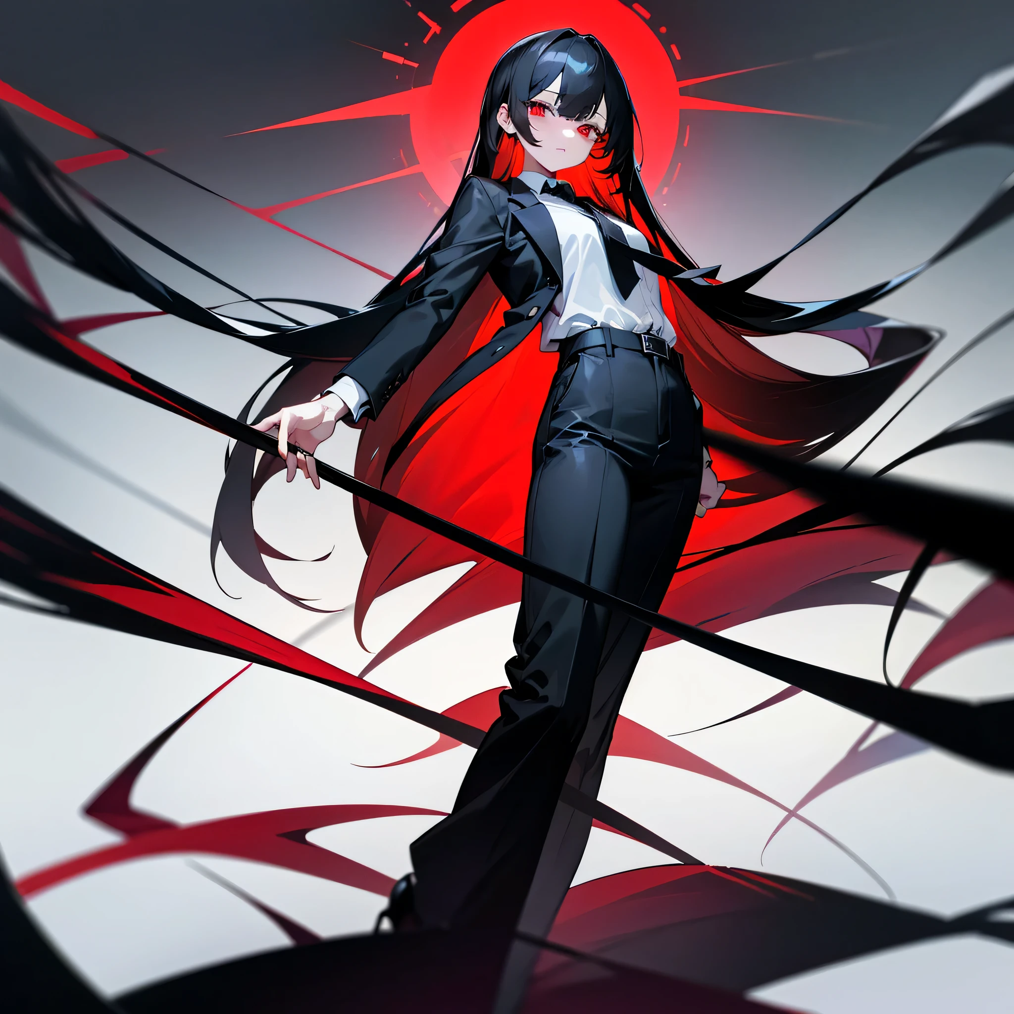 black hair, red eyes, girl, Butler's clothes, short cut, back, shadow
