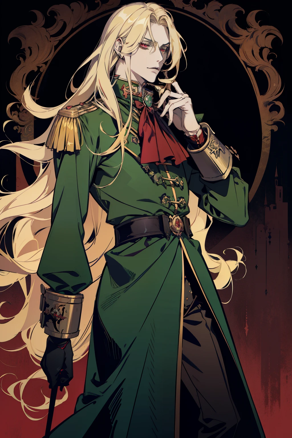 anime, a man with long blonde hair and a green coat, alucard, castelvania, beautiful androgynous prince, magical blond prince, delicate androgynous prince, handsome male vampire, casimir art, anime handsome man, key anime art, l vampire, fin wildcloak, johan liebert mixed with alucard, male vampire, red eyes