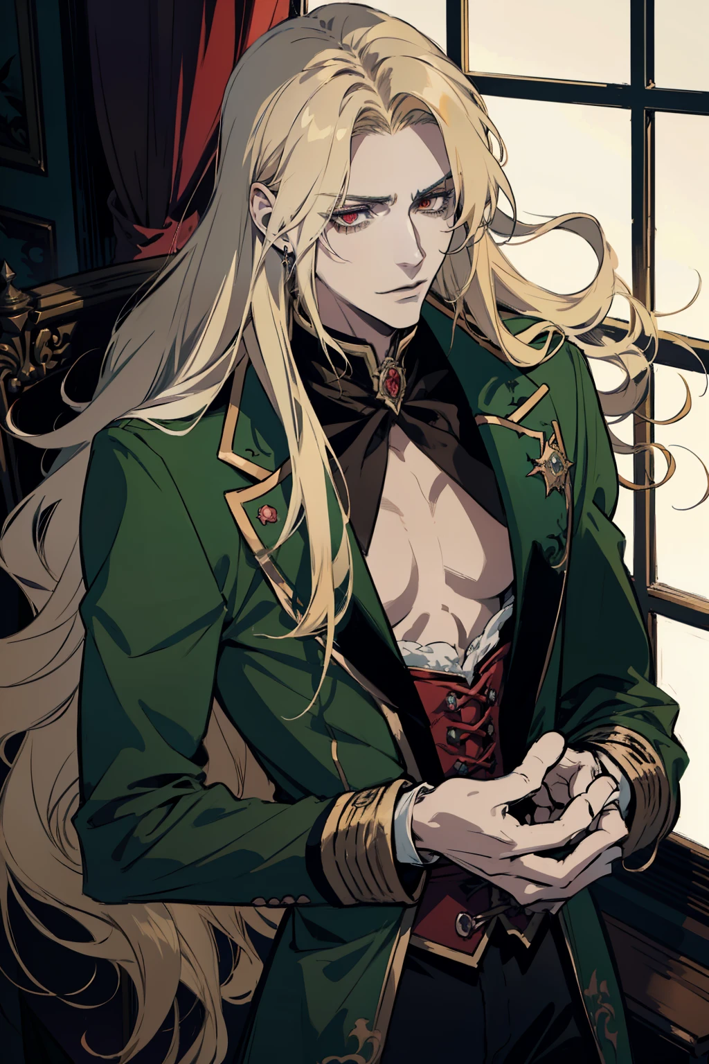 anime, a man with long blonde hair and a green coat, alucard, castelvania, beautiful androgynous prince, magical blond prince, delicate androgynous prince, handsome male vampire, casimir art, anime handsome man, key anime art, l vampire, fin wildcloak, johan liebert mixed with alucard, male vampire, red eyes