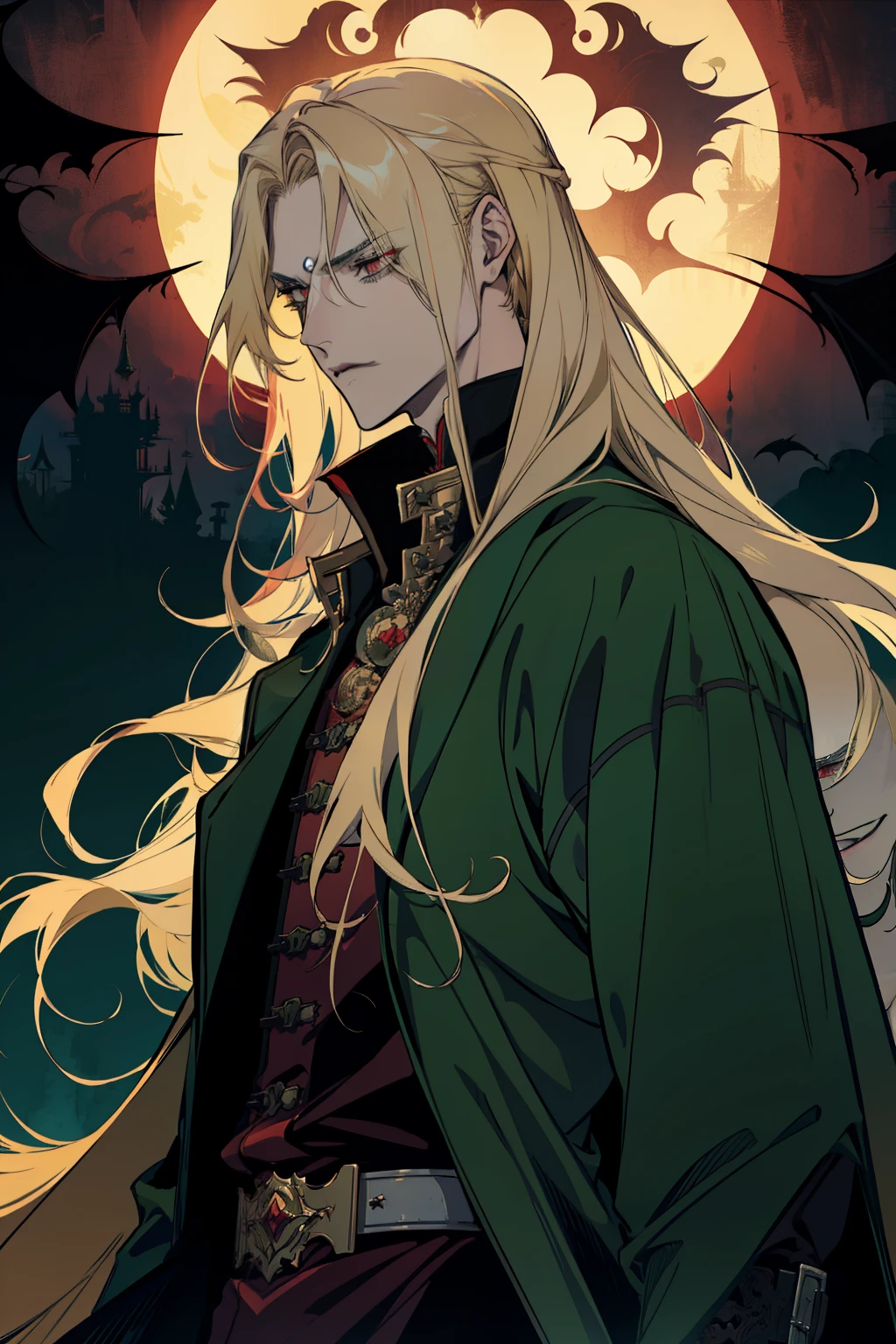 anime, a man with long blonde hair and a green coat, alucard, castelvania, beautiful androgynous prince, magical blond prince, delicate androgynous prince, handsome male vampire, casimir art, anime handsome man, key anime art, l vampire, fin wildcloak, johan liebert mixed with alucard, male vampire, red eyes