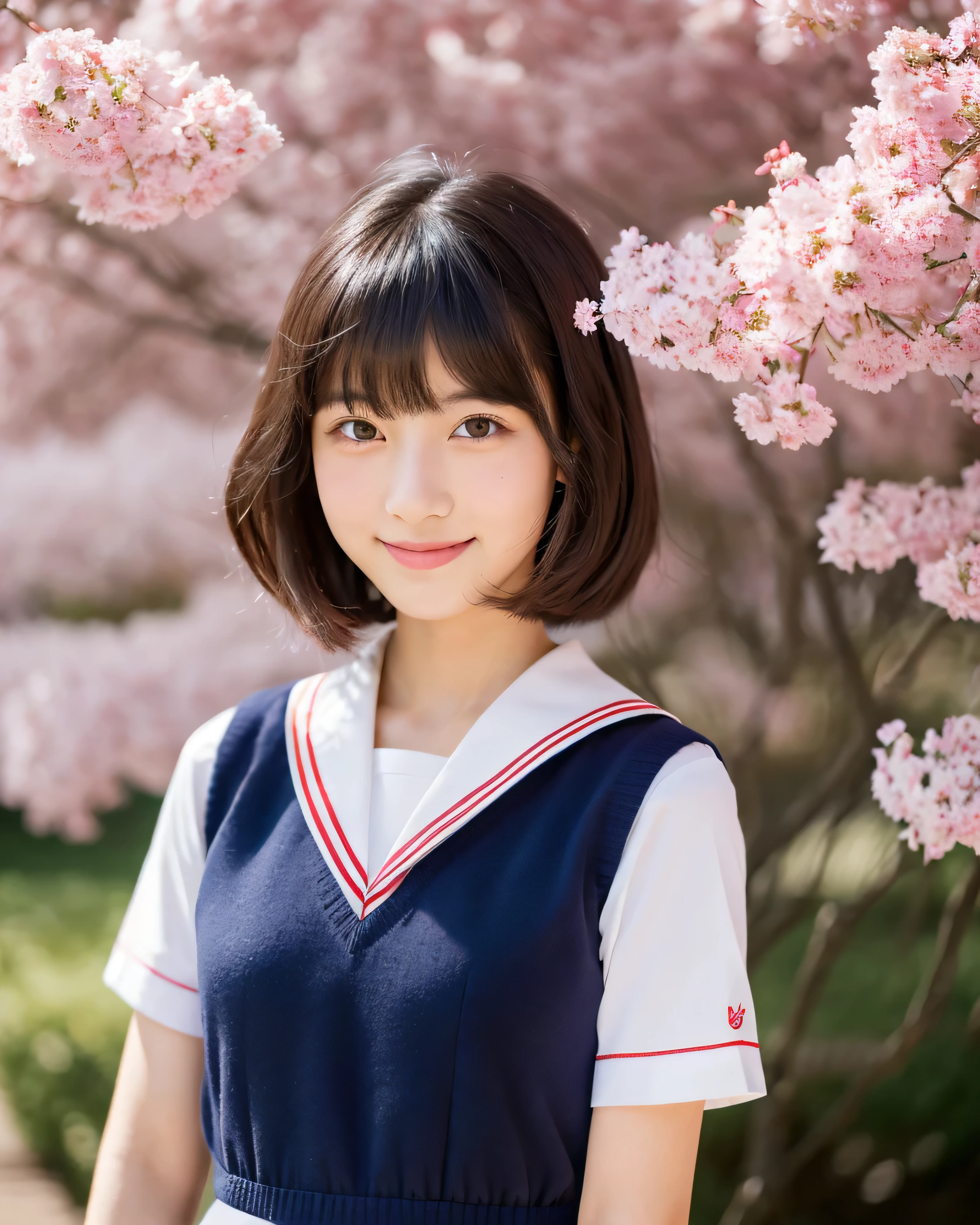 (high quality, 4k, 8k, High resolution, masterpiece:1.2), beautiful japanese high school girl, 16 years old, glossy black hair, beautiful short bob hair, curl the ends of the hair, asymmetrical bangs, big magic eyes, High resolutionの潤んだ瞳, smooth soft skin, pale pink lips, natural makeup, gentle smile, sailor suit, red bow tie, navy pleated skirt, High resolutionの美しい太もも, (whole body:1.3), sunlight, sunlight filtering through the trees, cherry blossoms, blue sky, professional lighting, professional photographer