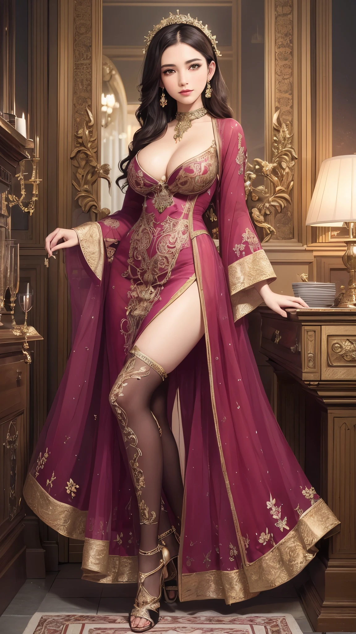 ((highest quality)),(ultra high resolution),(Super detailed),(detailed description),((best CG)),(best work of art),super precision art,amazing drawing art,(Art with precise details:1.5), (1 woman:1.8),(beautiful and well-shaped face:1.5),(slanted eyes:1.3),(A colorful classic dress with intricate details:1.6),(small breasts:1.5),(slender body:1.3),thin waist:1.5,dress shoes:1.4,jewelry choker:1.6, antique furniture:1.3,