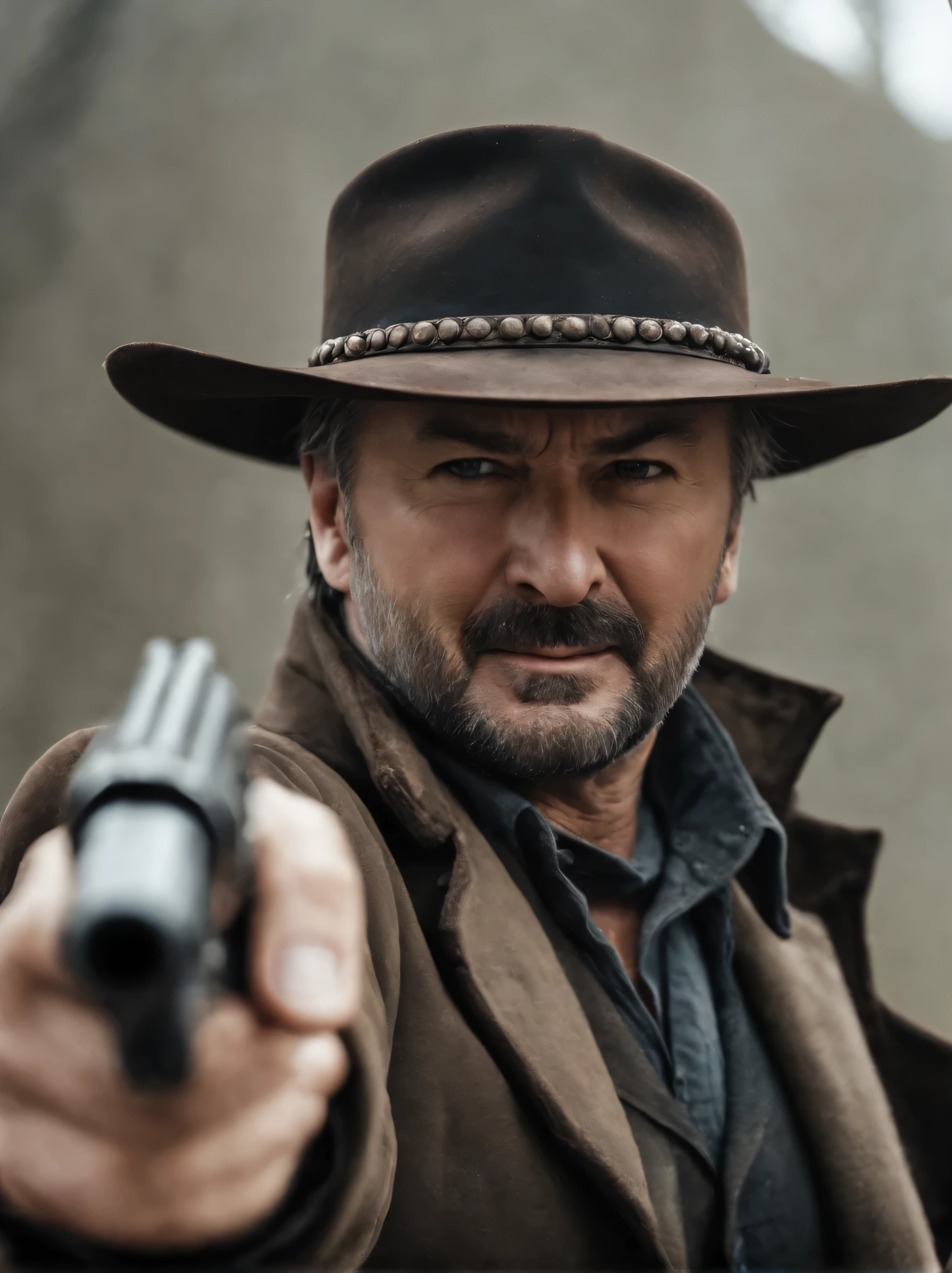 cinematic film still of  (alec-baldwin:1.2) with a hat , solo, looking at viewer,1man, hat, male focus, teeth, blurry, facial hair, clenched teeth, portrait, beard, realistic, mustache , gun, handgun, pistol, revolver, wild west, western, , Colt Single Action revolver handgun, rain, closeup, grin, teeth grin, angry, old, grey hair, , shallow depth of field, vignette, highly detailed, high budget, bokeh, cinemascope, moody, epic, gorgeous, film grain, grainy