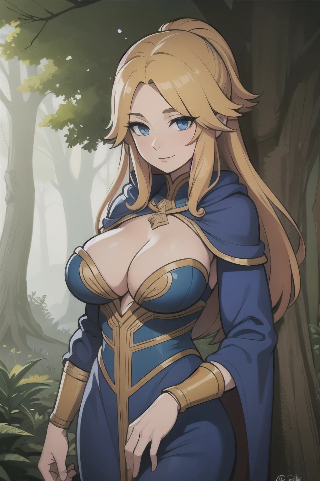 ((Best quality)), ((Masterpiece)), (detailed), perfect face perfect figure, Middle Ages, forest background, Sorceress Woman, woman in a robe, Golden hair, Blue eyes, tight blue robe