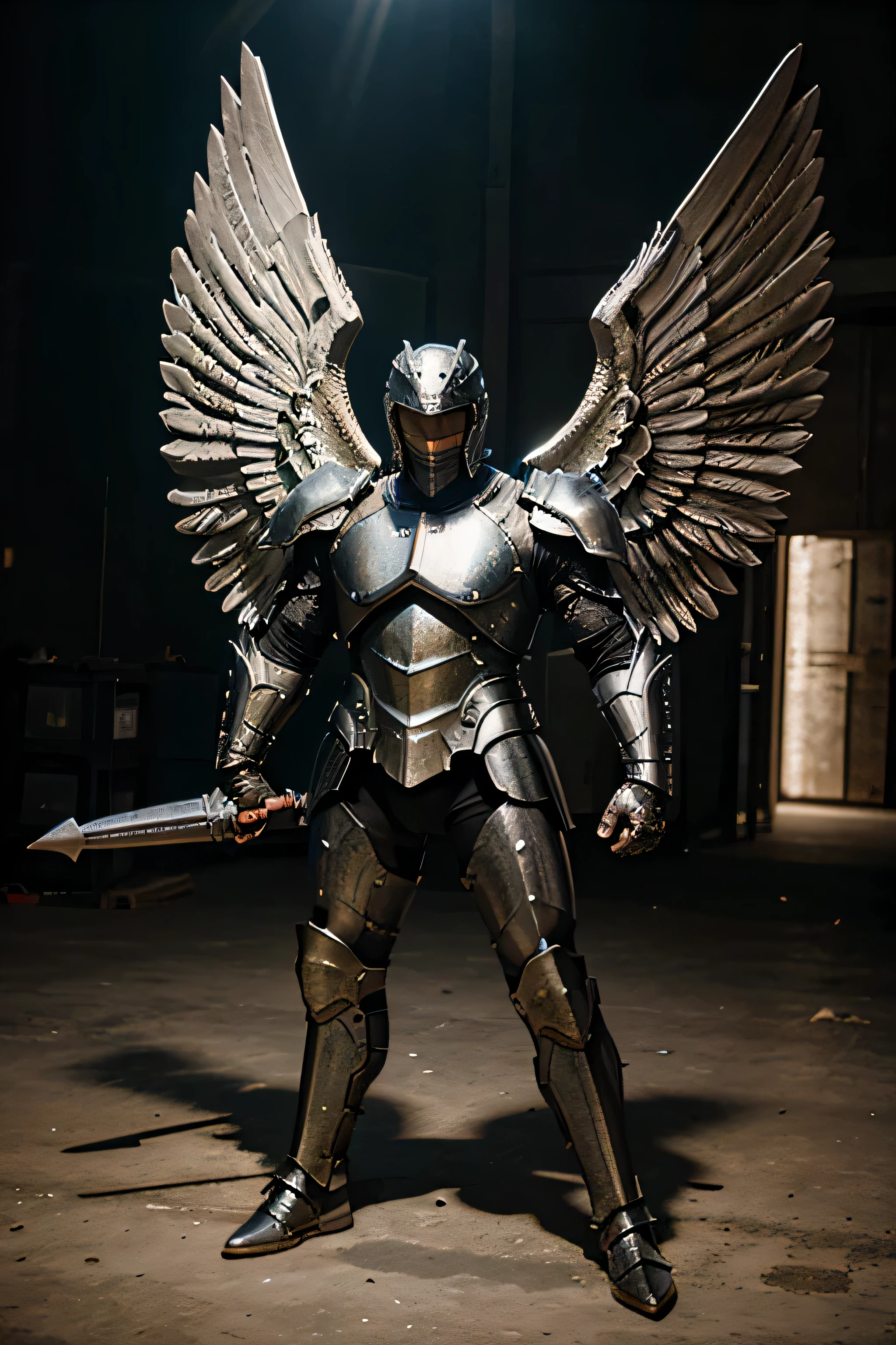 Roaring Armored male angel warrior with big wings
