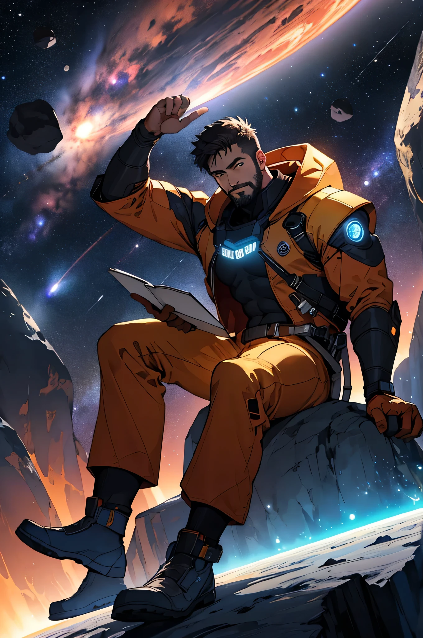 Draw a young man, sitting on a research platform floating in the middle of an asteroid belt. He is studying with a notebook, surrounded by several asteroids glowing with fiery auras. Dramatic lighting from distant stars and planets illuminates the scene, casting deep shadows on the suit. The young man looks confident and determined, looking at the vast and mysterious universe with wonder and respect,facial hair, cowboy shot,