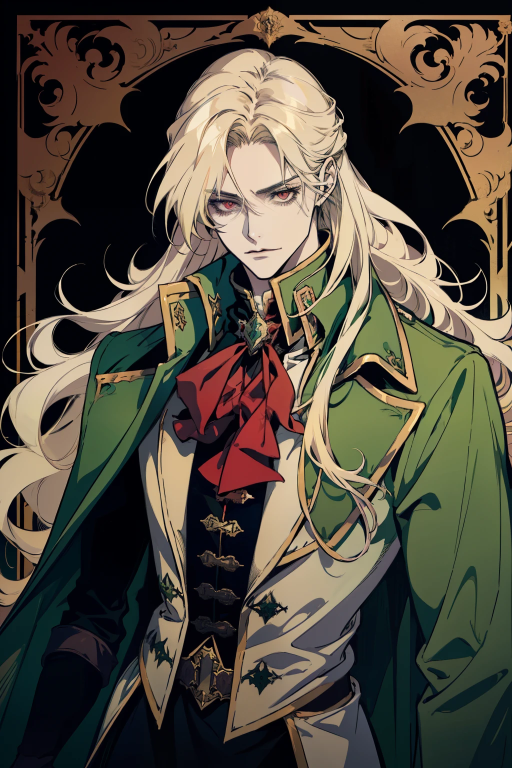 anime, a man with long blonde hair and a green coat, alucard, castelvania, beautiful androgynous prince, magical blond prince, delicate androgynous prince, handsome male vampire, casimir art, anime handsome man, key anime art, l vampire, fin wildcloak, johan liebert mixed with alucard, male vampire, red eyes