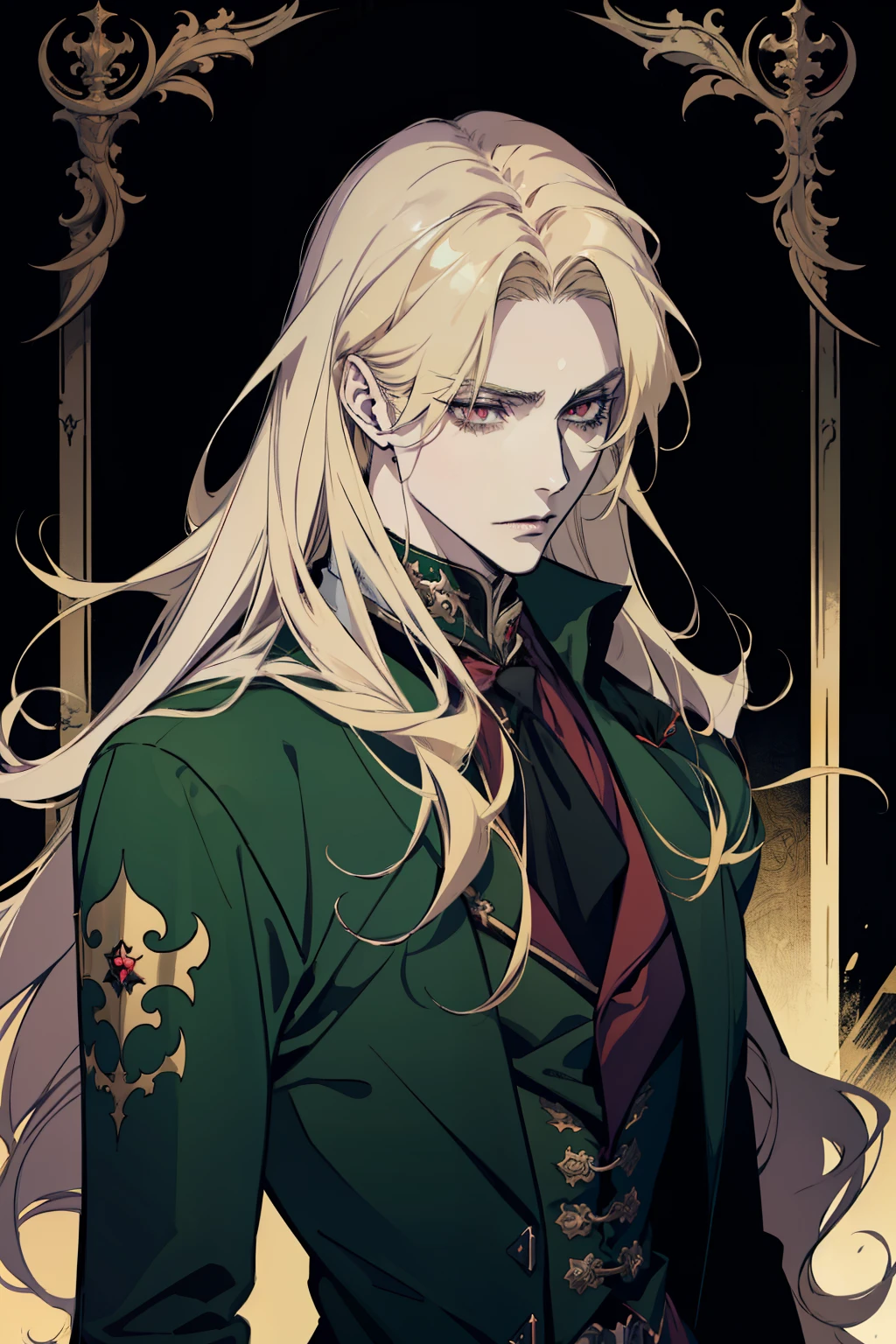 anime, a man with long blonde hair and a green coat, alucard, castelvania, beautiful androgynous prince, magical blond prince, delicate androgynous prince, handsome male vampire, casimir art, anime handsome man, key anime art, l vampire, fin wildcloak, johan liebert mixed with alucard, male vampire, red eyes