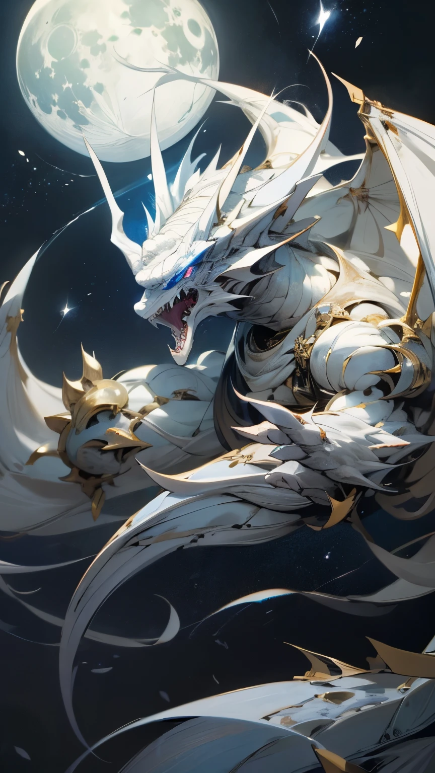 masterpiece, best quality,( white dragon, blue eyes)background (night, white moon, stars)