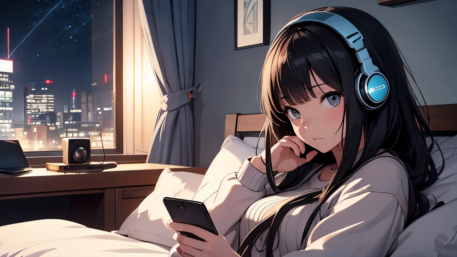 The image shows a young woman sitting on a white bed with white sheets and pillows. She is wearing a white tank top and black shorts. She has long dark hair and is wearing white headphones on her head. The woman is holding a black phone in her hands and is looking at it with a smile on her face. The background is a white room with sheer curtains. The overall mood of the image is relaxed and casual. High-detailed anime style