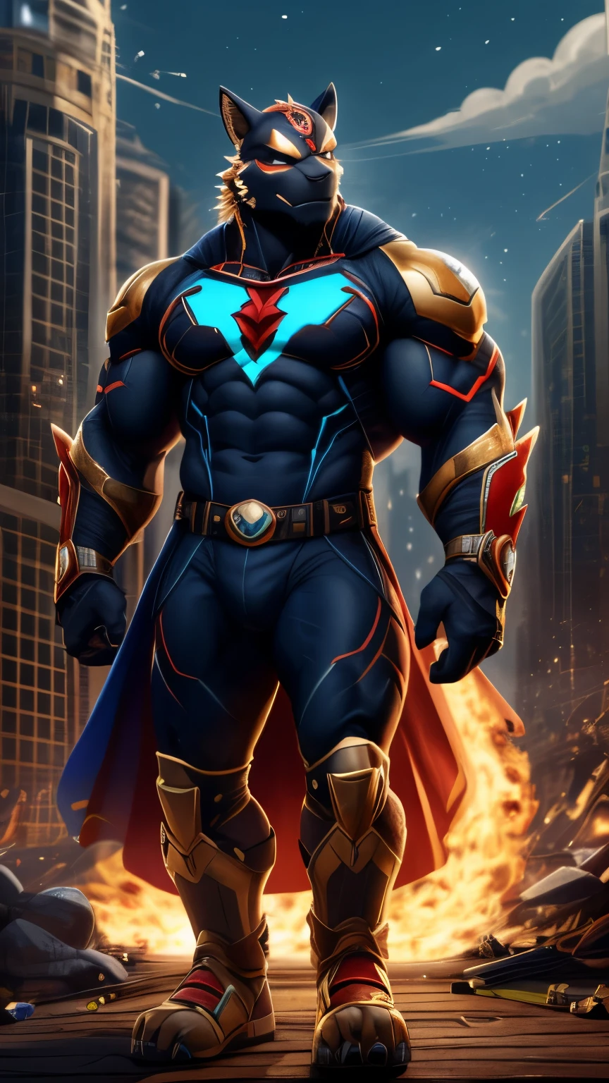 (best quality, masterpiece), Turquoise Screen Filter, (super hero,wearing formal suit ,muscles,burned face, ring of fire wrapped around him )background (destroyed city, meteors falling from the sky)