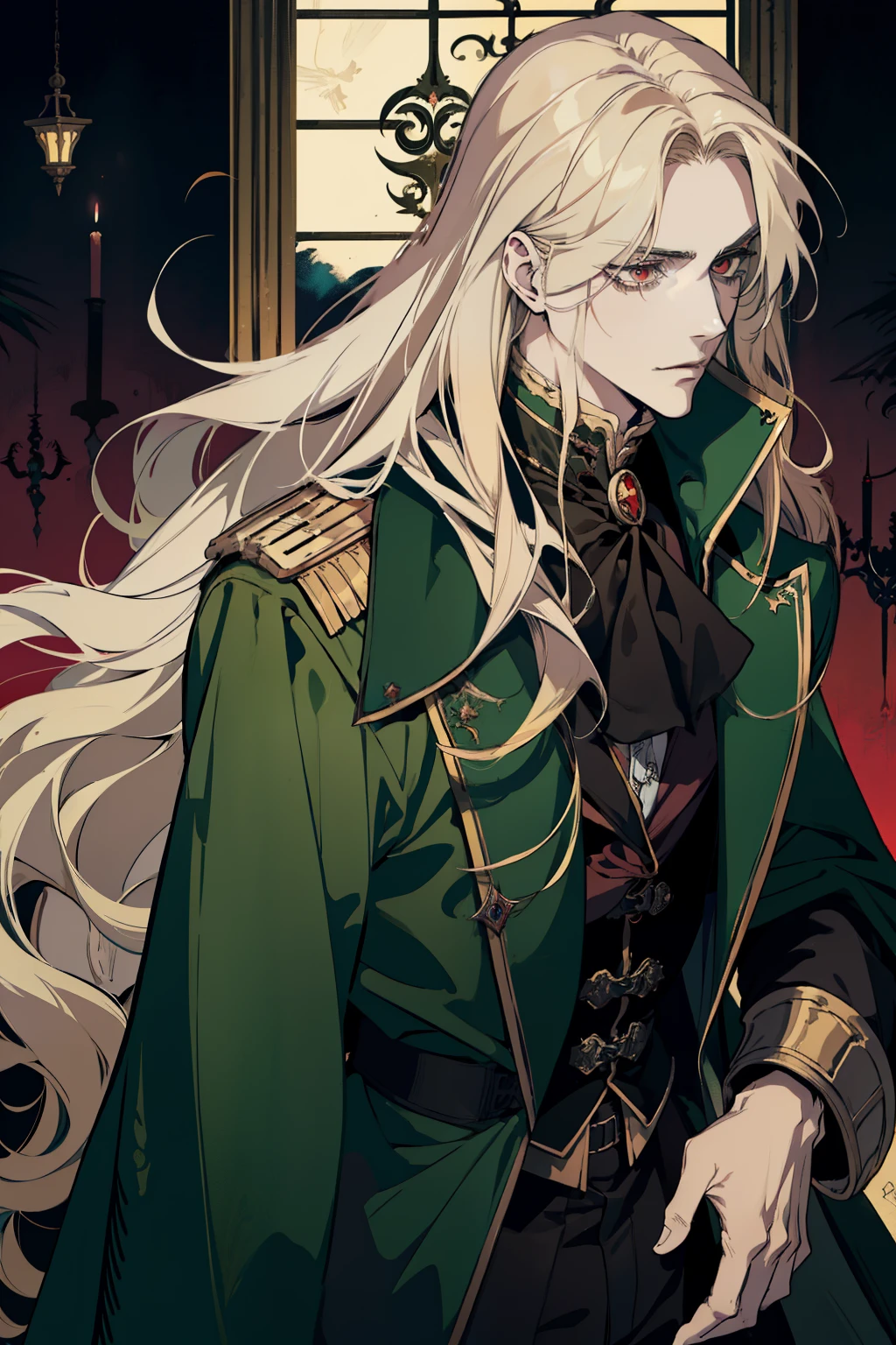 anime, a man with long blonde hair and a green coat, alucard, castelvania, beautiful androgynous prince, magical blond prince, delicate androgynous prince, handsome male vampire, casimir art, anime handsome man, key anime art, l vampire, fin wildcloak, johan liebert mixed with alucard, male vampire, red eyes