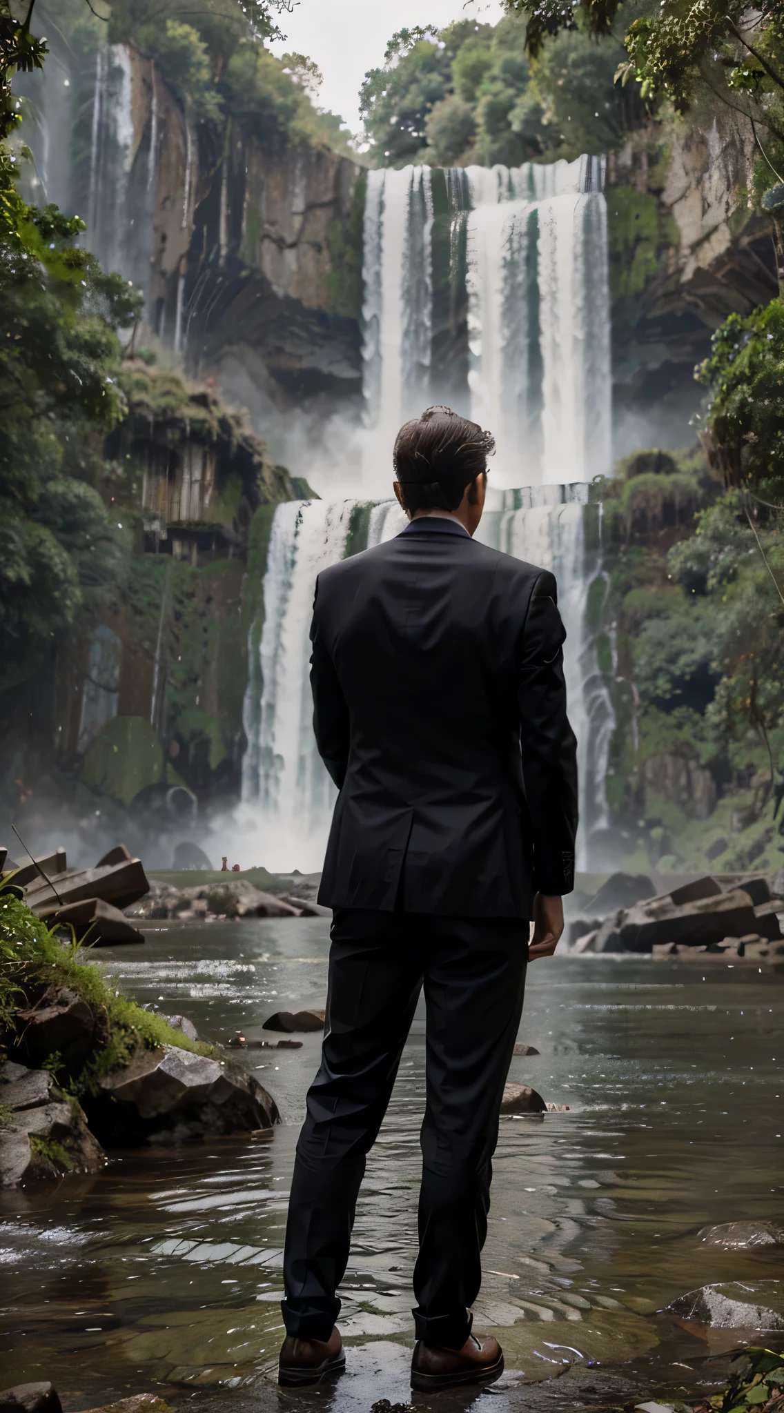man in suit at Mexico waterfall back turned