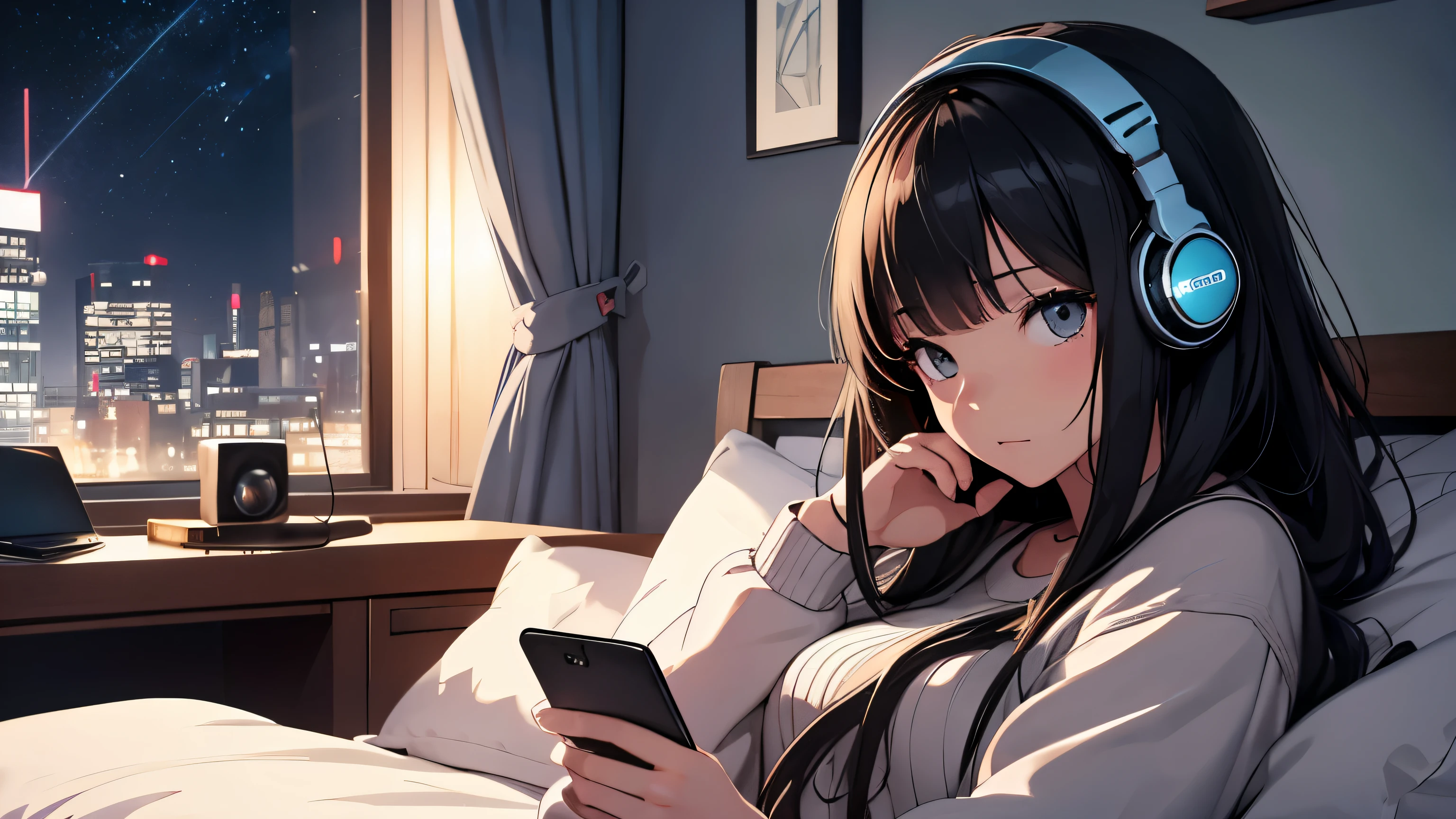 Girl listening to music in a cozy room at night, Use fones de ouvido, estilo anime 2d, eu entendi, hard disk, Ambiente Escuro、emo