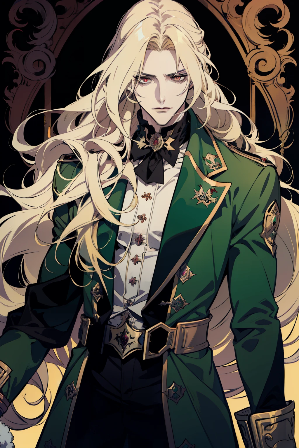 anime, a man with long blonde hair and a green coat, alucard, castelvania, beautiful androgynous prince, magical blond prince, delicate androgynous prince, handsome male vampire, casimir art, anime handsome man, key anime art, l vampire, fin wildcloak, johan liebert mixed with alucard, male vampire, red eyes